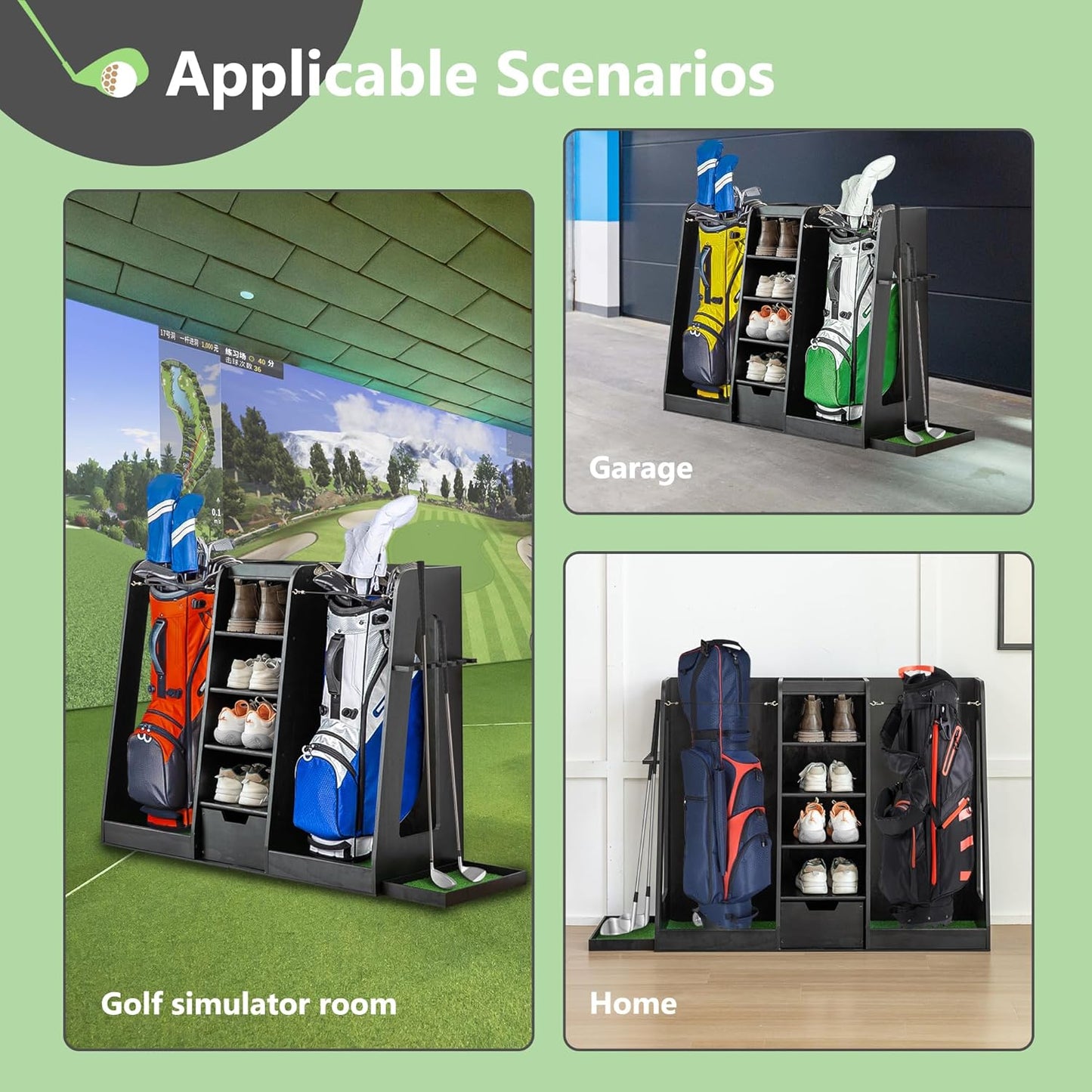 Advanced Wooden Golf Bag Organizer and Storage Rack - can Accommodate 3 Golf Bags and 3-5 Golf Clubs/Hockey Sticks, Golf Balls, Inside and Outside The Garage shed Basement