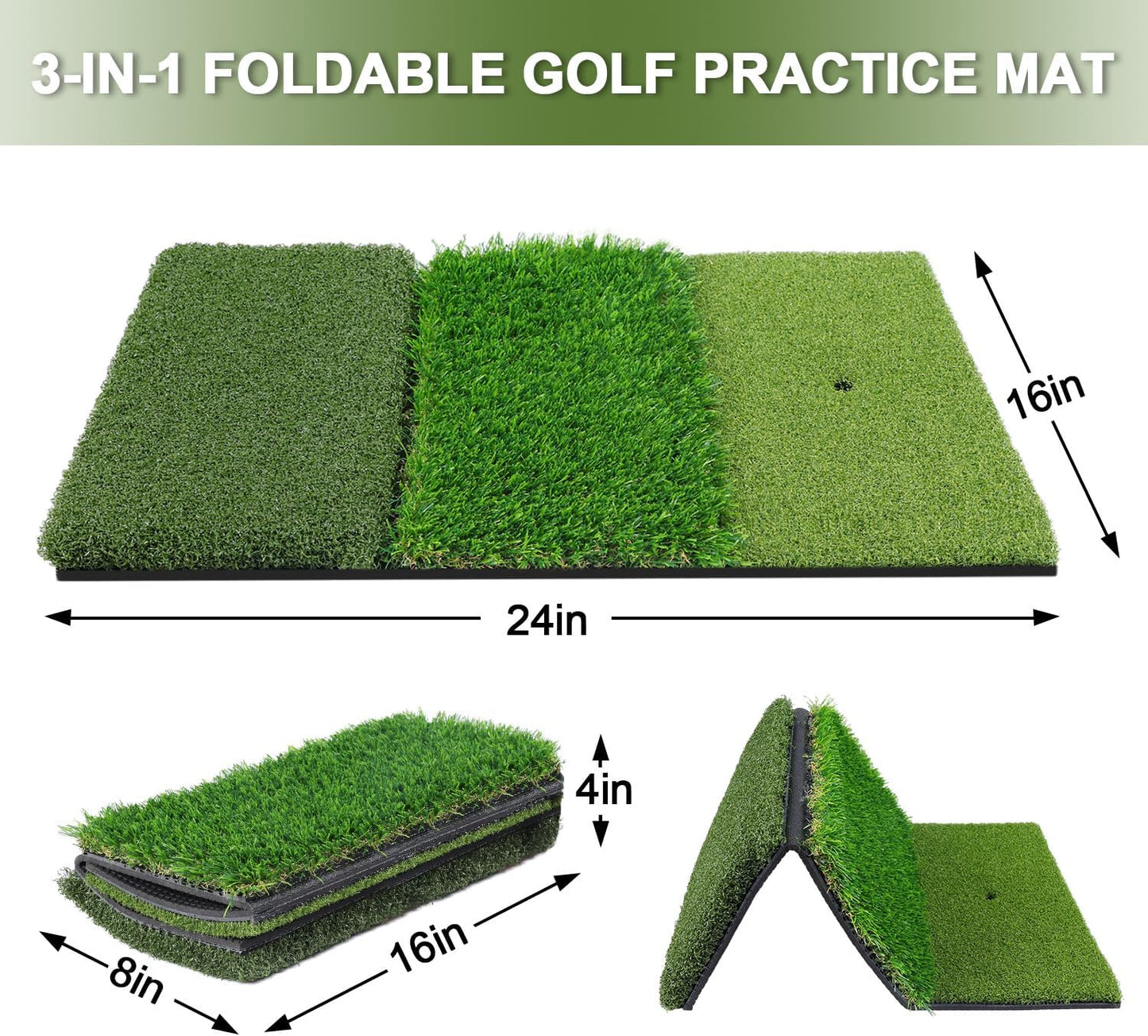 Golf Hitting Mat, Tri Turf Portable & Foldable Golf Practice Mat, with 5mm PVC Rubber Backing for Backyard, Driving Range, Indoor Outdoor Practice Hitting, Swing & Putting Training