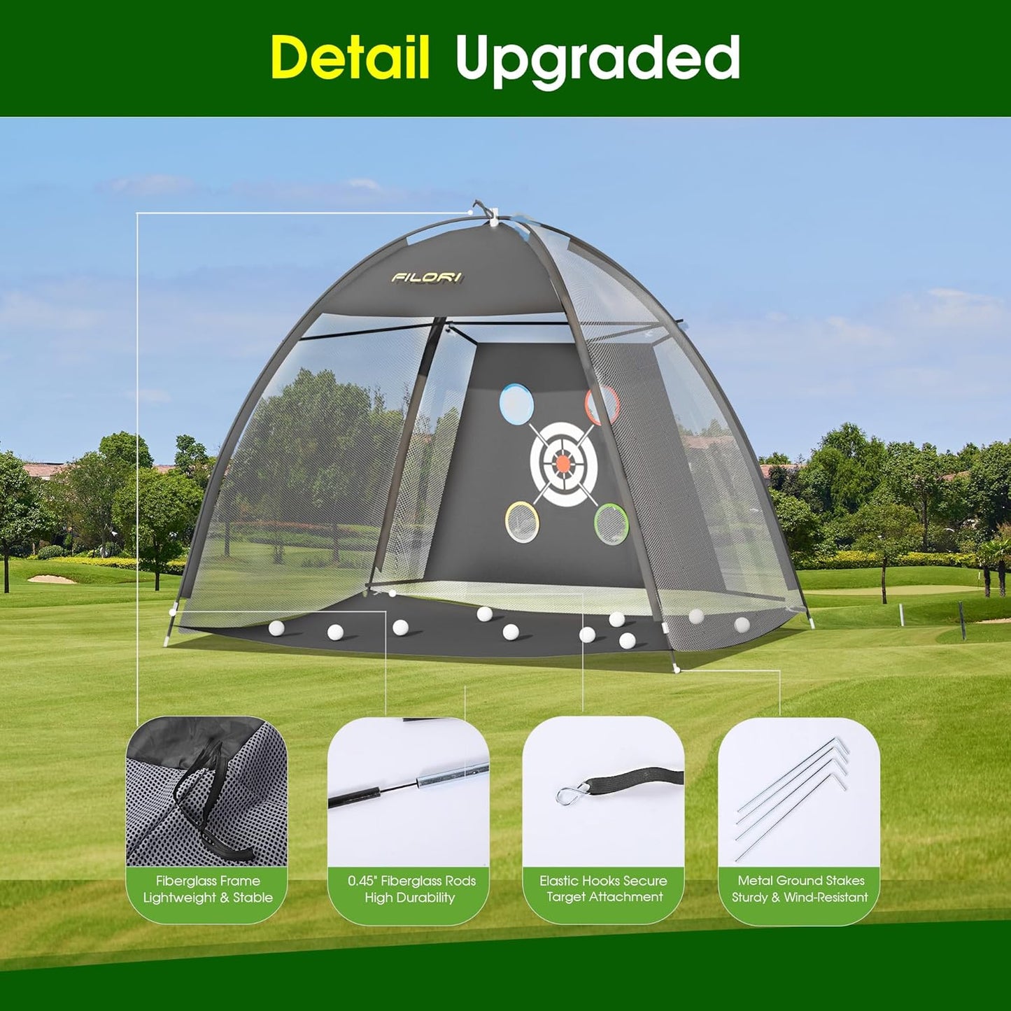 FILORI Golf Practice Net 10x7FT - Golf Hitting Net with Tri-Turf Mat, 8 Balls, Tee & Carry Bag, Indoor/Outdoor Backyard Training for Driving Chipping Swing, Ideal Gifts for Men Dad Husband Golfer