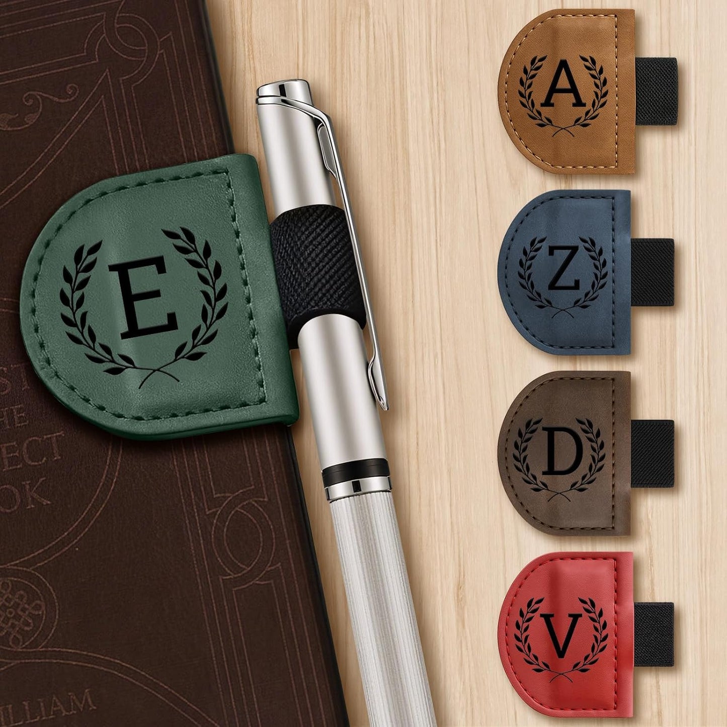 Personalized Bygone Mark Bookmark with Pen Holder,Engraving Leather Magnetic Bookmarks Vintage 26 Letters Name Initials Text Book Marker Clips Gifts for Reading Book Lovers Women (Brown, U)