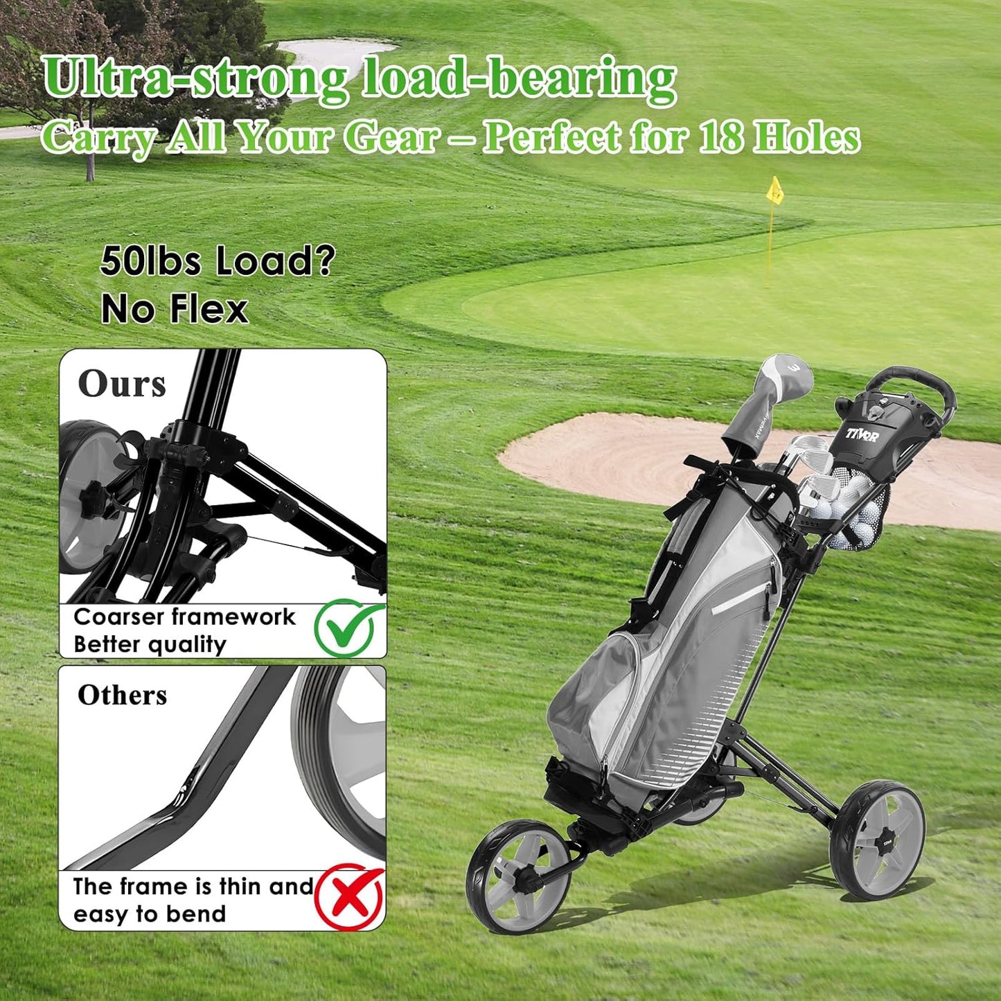 Tivor Lightweight Golf Push cart 3 Wheel,Foldable Golf Trolley for Adults and Junior with Ergonomic Adjustable Handle, Scorecard Holder, Umbrella Mount, Foot Brake, All-Terrain Wheels