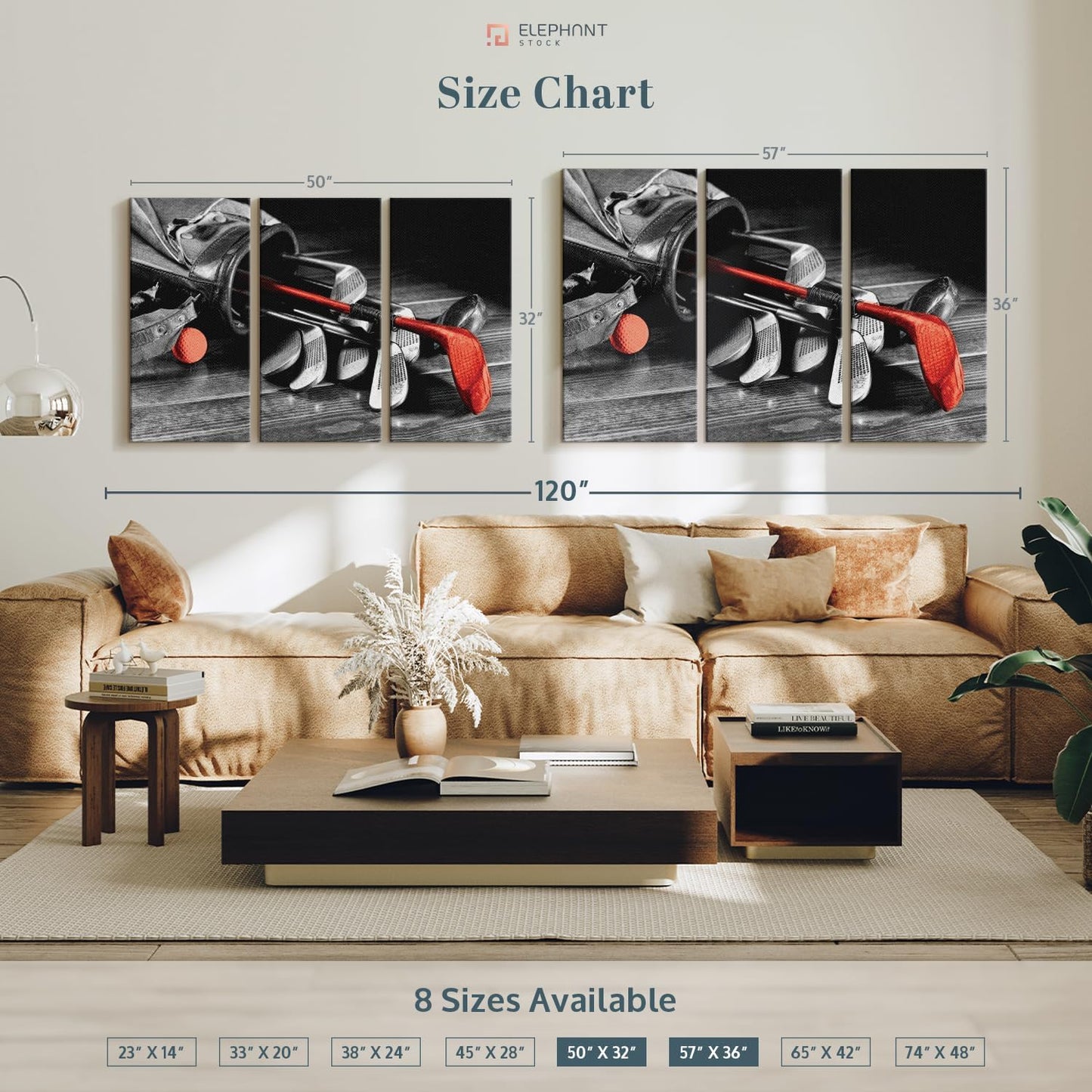 ElephantStock Golf Equipment Pop Wall Art - Horizontal Canvas - 3-Piece Living Room Wall Decor - Photography Sports Canvas Print - Black and Gray Decor for Wall - 57" X 36"