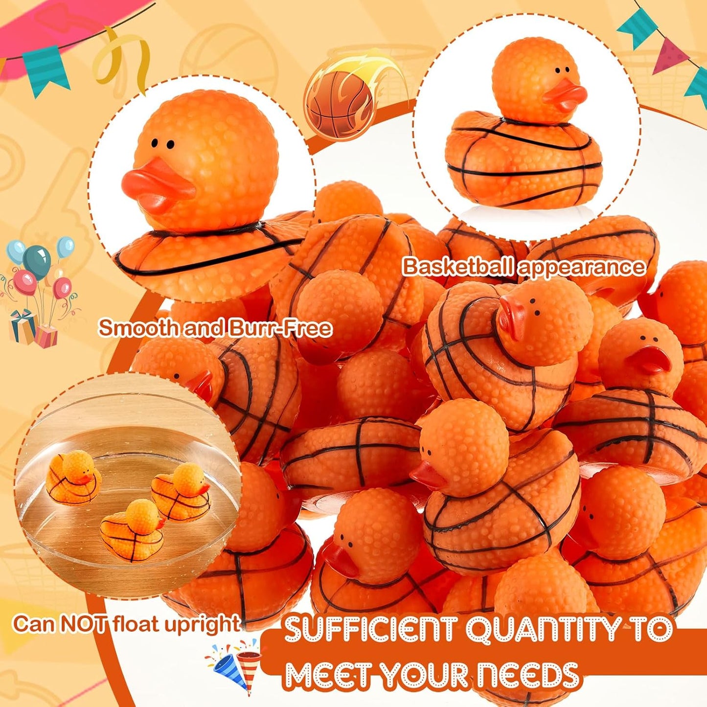 Deekin Rubber Duck 2 Inch Bulk Sport Party Favors for Team Events Game Day Decorations Birthday Party Decorations Club Player Gift(50 Pcs,Basketball Texture)