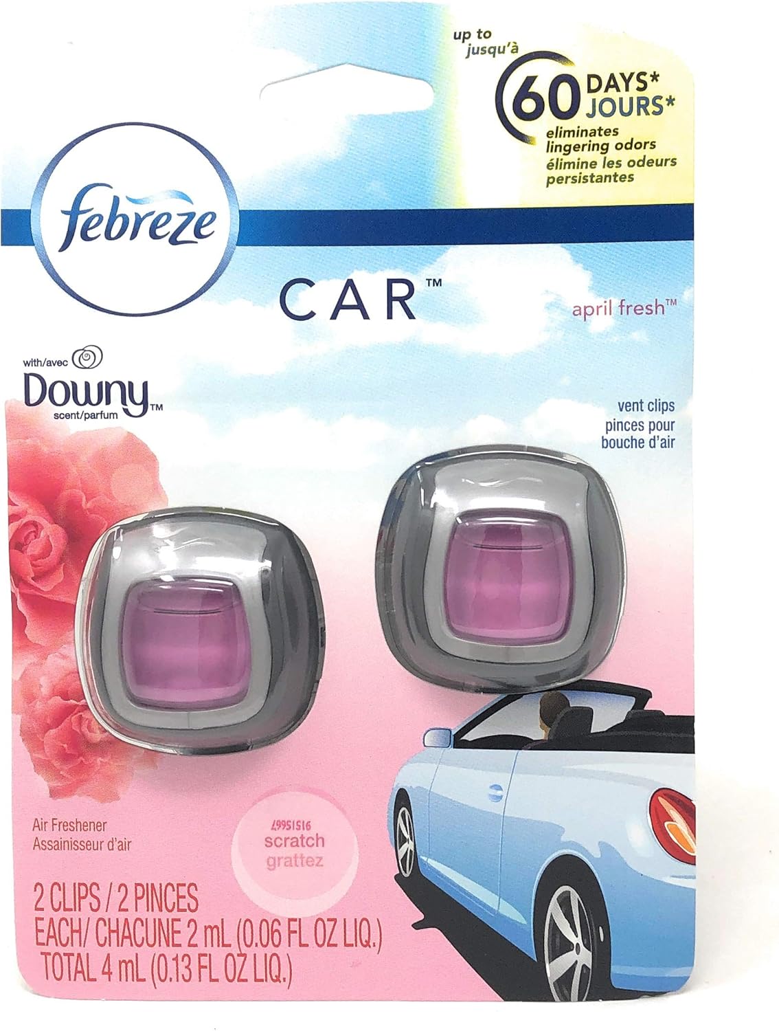 Febreze Car Odor-Eliminating Air Freshener, Downy April Fresh scent, 2 count (Pack of 4)
