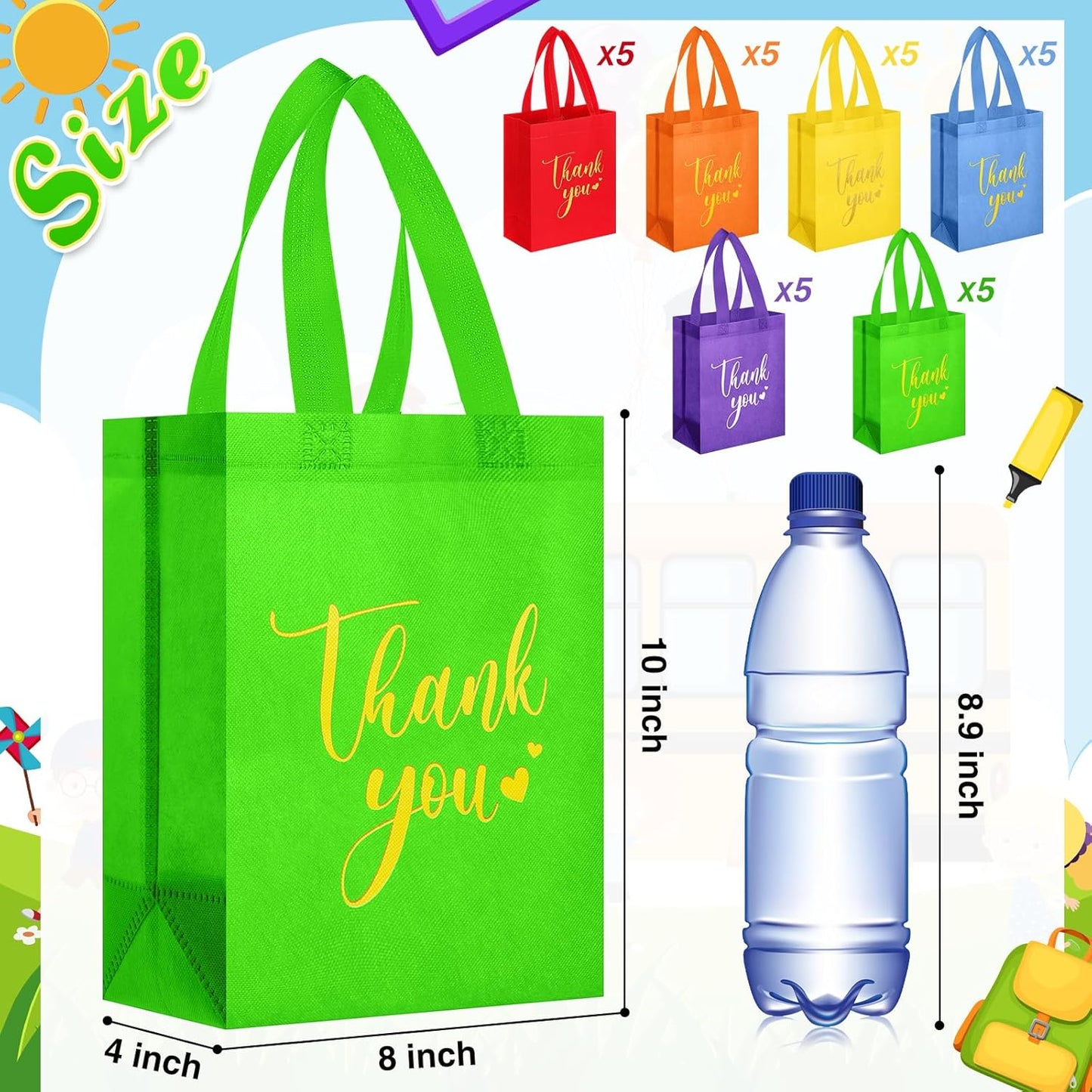 Sweetude 30 Pcs Thank You Gift Bags with Handles Bulk Reusable Goodie Bag Non Woven Foldable Handbag for Graduation Wedding Bridesmaid Gifts(10 x 8 x 4 Inch,Colorful)