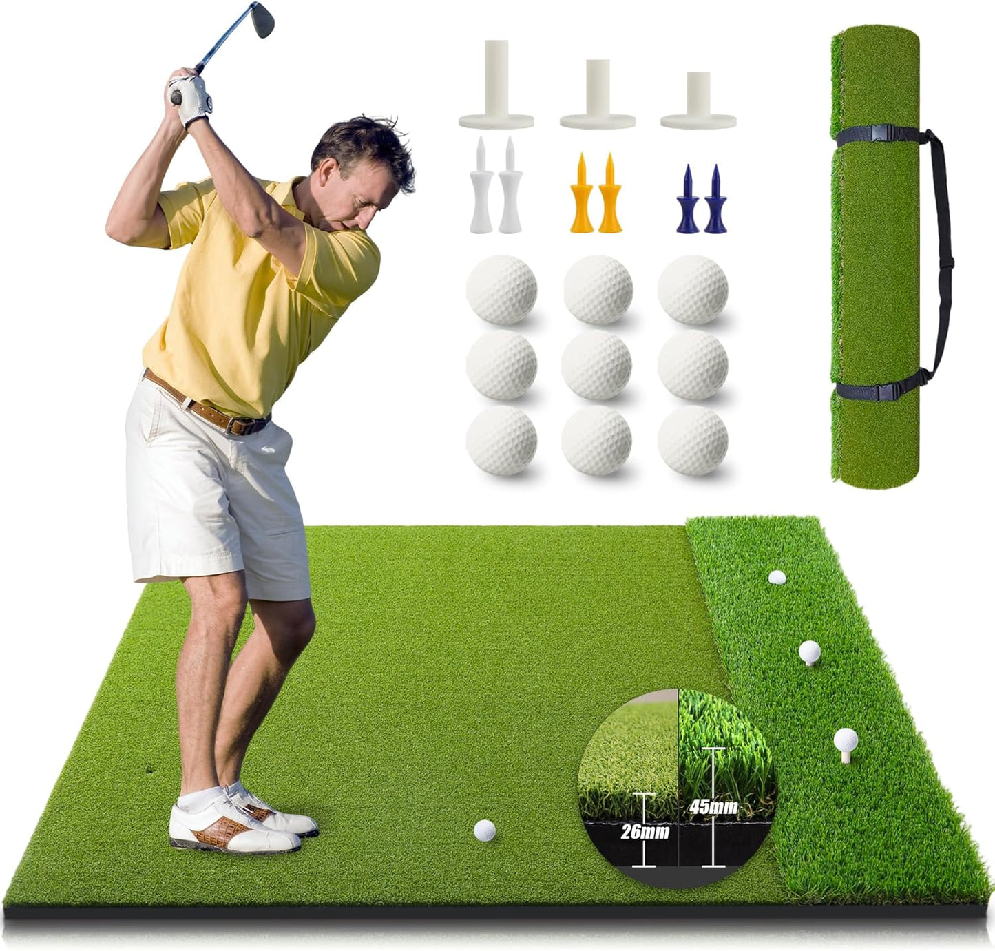 Wind Shear 5x4FT Golf Mat, 2 Turf in 1(35mmRough&16mmFairway) Large Golf Hitting Mat for Indoor/Outdoor Practice, High-Density Artificial Turf Mat for Golf Training in Backyards, Driving Ranges