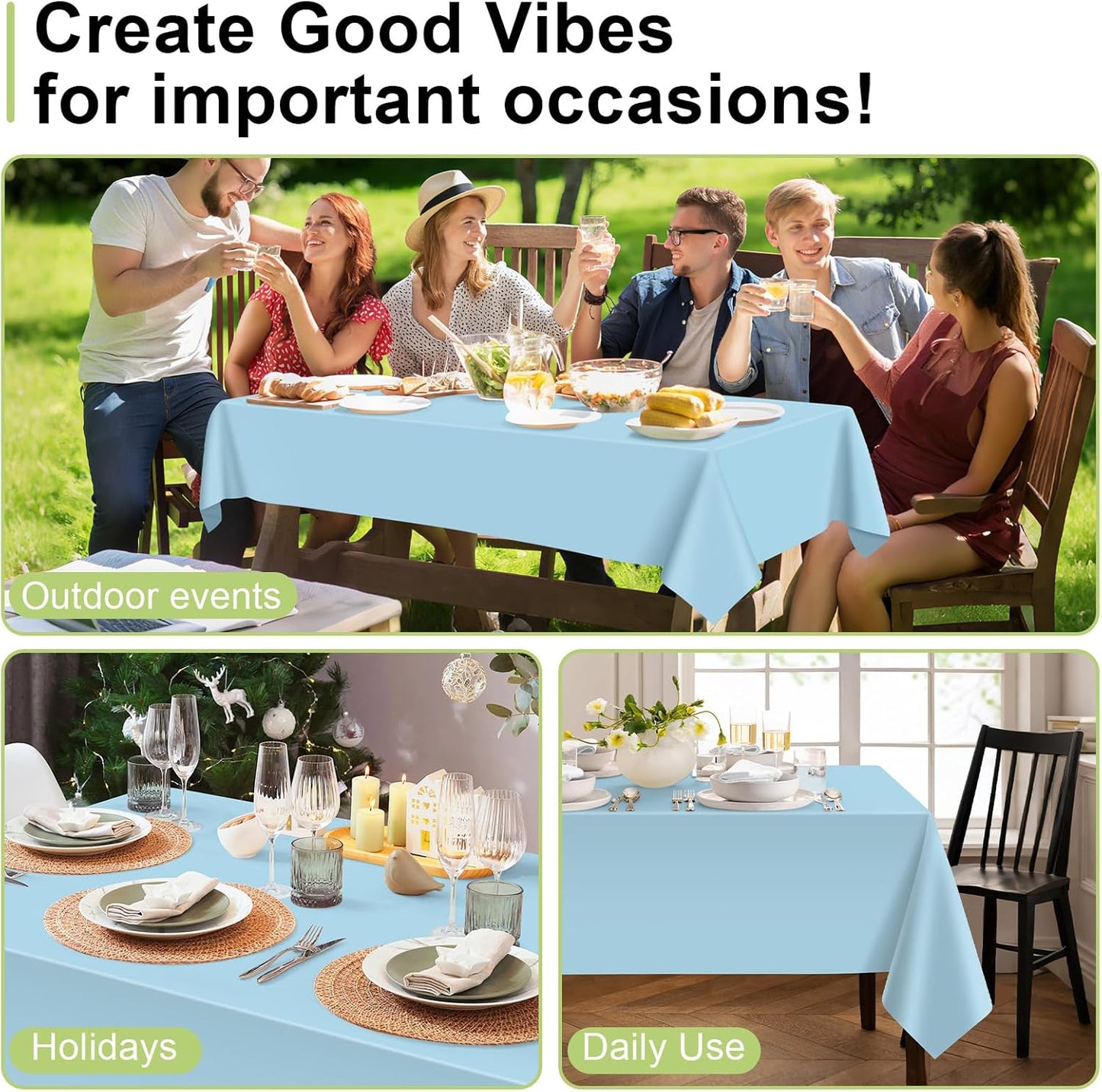QIKSION Plastic Table Cloth Disposable 3 Pack, 54 x 108 Inch Tablecloths for Rectangle Tables, Light Blue Plastic Table Cover