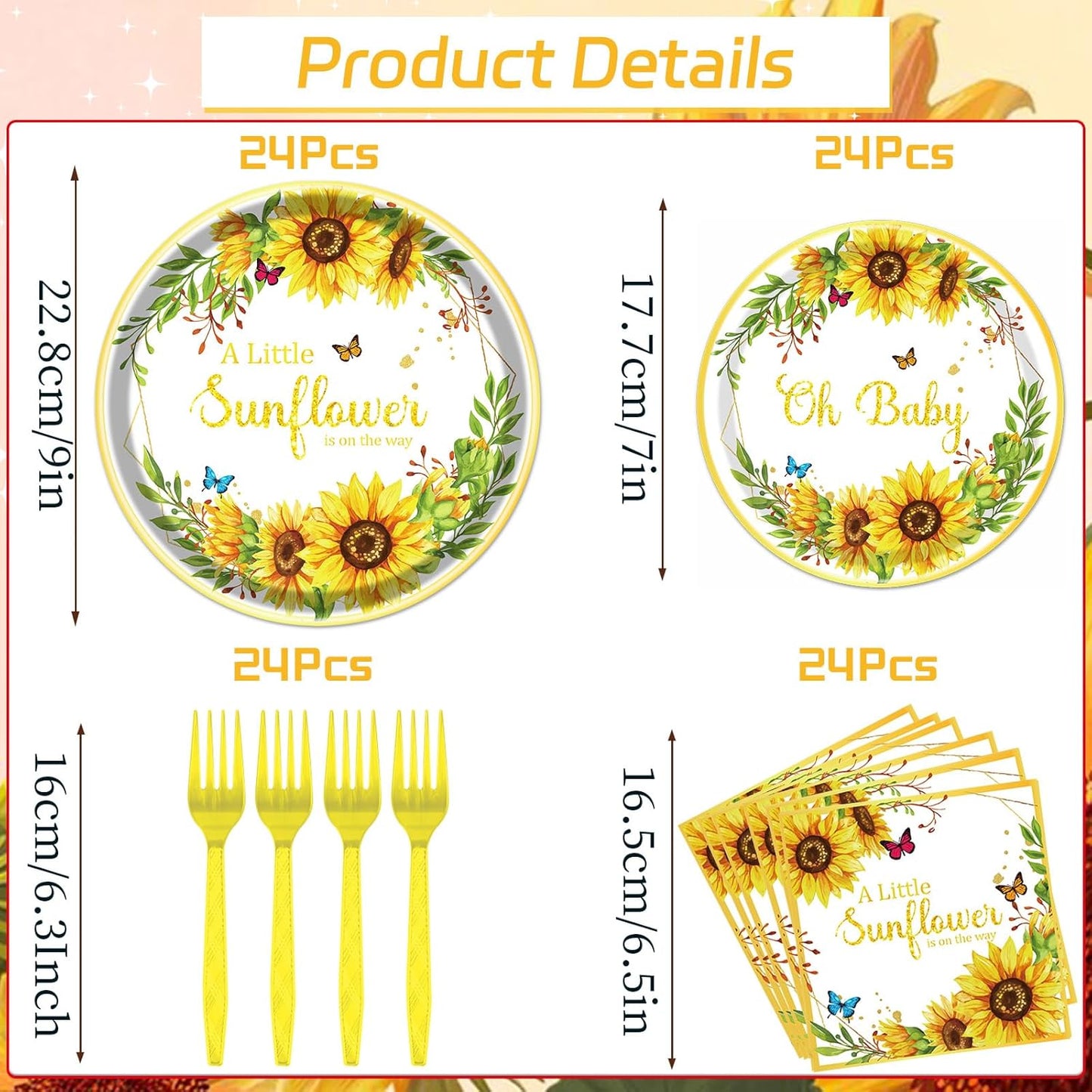 Rakuto Sunflower Baby Shower Decorations Supplies, 96PCS Disposable Paper Party Plates and Napkins Set, A little Sunflower is on the Way Tableware for Party Serves 24