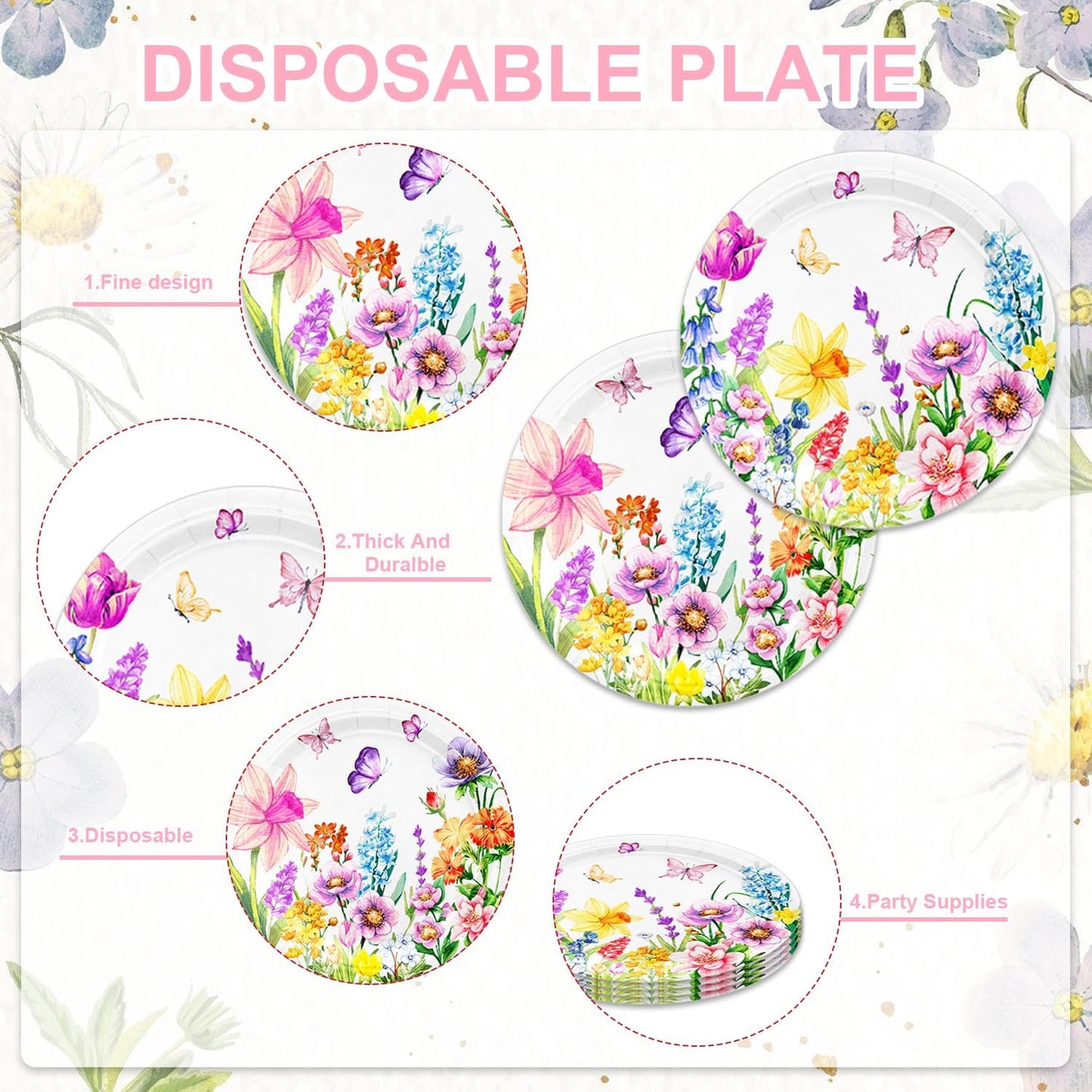 48Pcs Wildflower Party Decorations Disposable Vintage Floral Plates Napkins Forks Supplies for Birthday Decor Serves 16 Wildflower Baby Shower Decorations