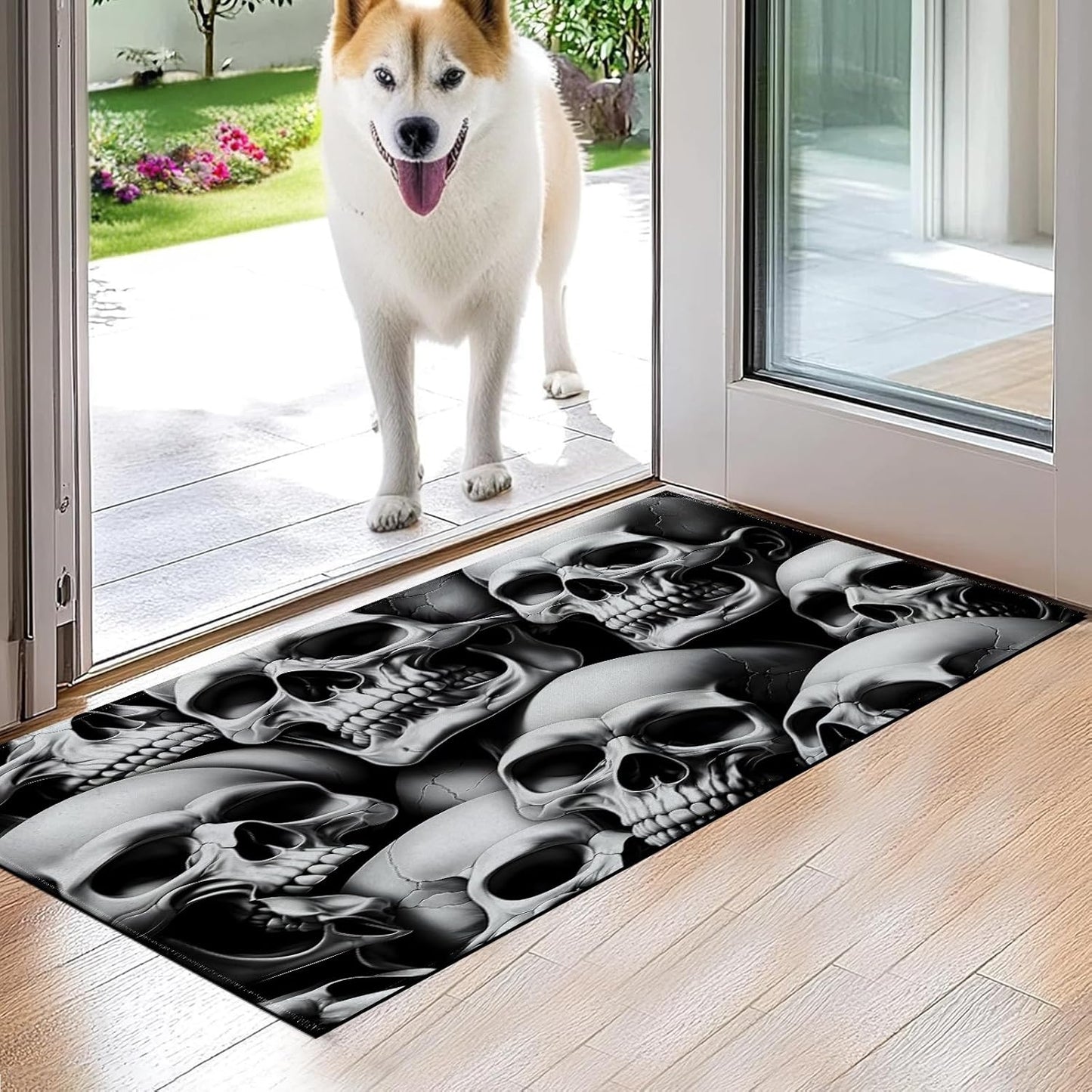 Horror Skull Indoor Door Mat,White and Black Skulls Floor Doormat,17x29.5in,Non Woven Non Slip Rubber Backing Goth Rug for Porch Insider,Bedroom,Kitchen,Doormats Gifts,Rv Camper Decor