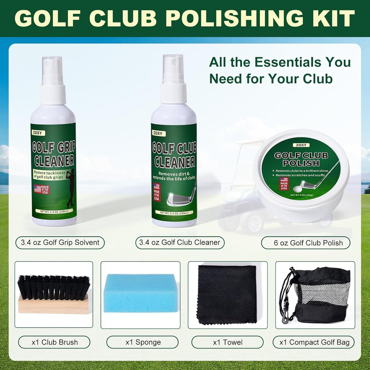 ZOXY Golf Club Cleaning Kit–Clean, Polish, and Restore Irons, Drivers, Putters–Golf Club Polishing Kit with Golf Club Polish, Golf Club Cleaner, Golf Grip Solvent