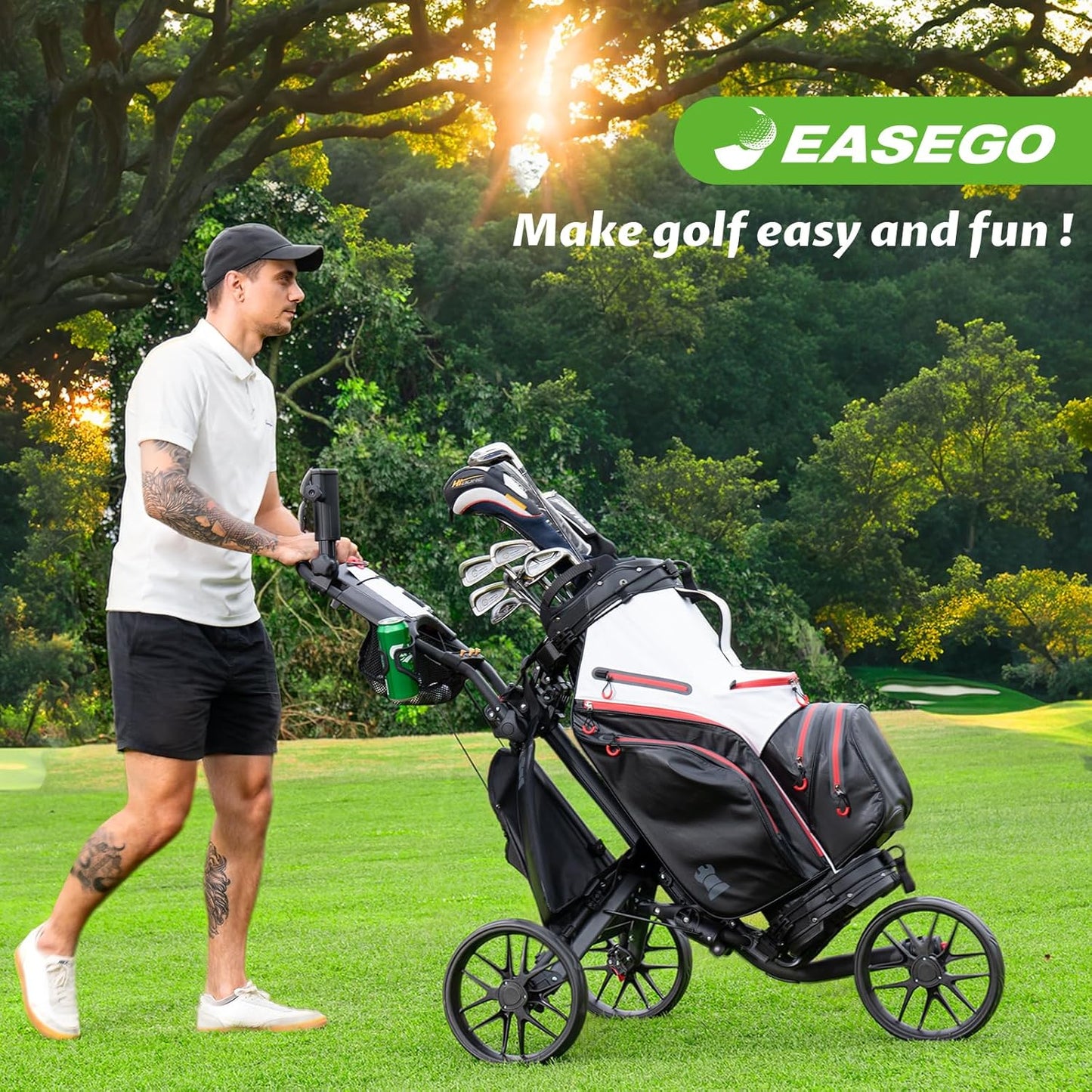 Golf Push Cart 3 Wheel : Golf Bag Cart Foldable with Phone Holder/Cup/Umbrella Holder Compact Golf Pull Carts Quick Fold Golf Caddy Push Carts with Large Wheelbase for Different Terrain