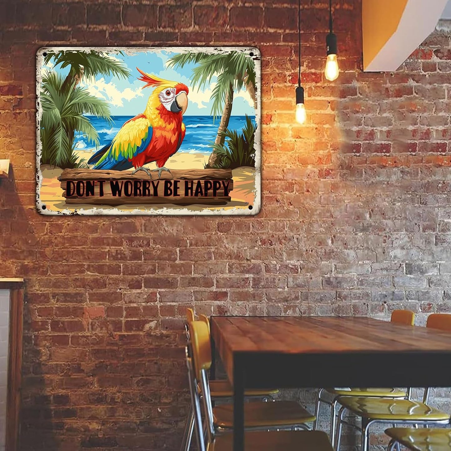 Creative Vintage Tin Metal Sign Don'T Worry Be Happy The Beach Parrot Iron Sign For Friend Porch Backyard Bar Outdoor Patio 12x16 Inch