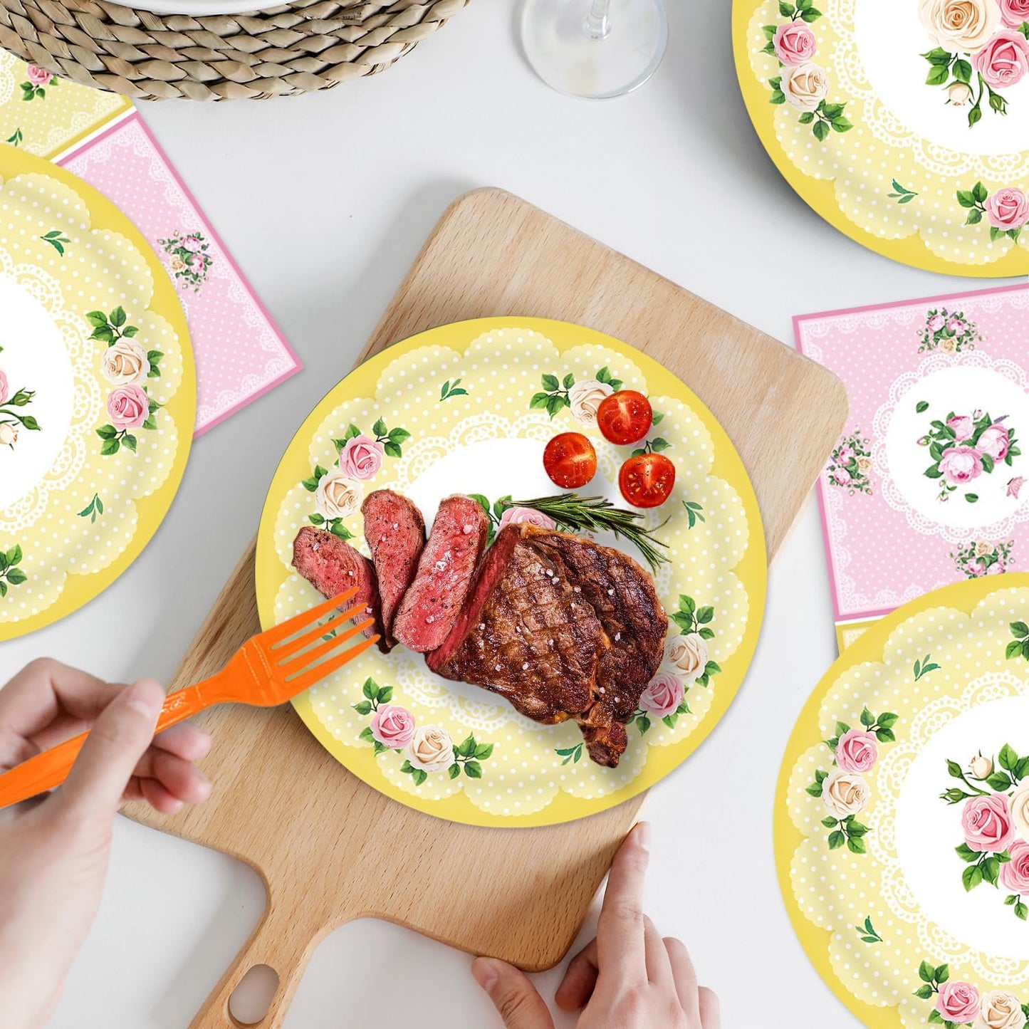 48Pcs Tea Party Decorations Floral Birthday Paper Plates and Napkins Forks Sets Supplies Serves 16 Pastel Tea Party Set Floral Paper Plates for Wedding Bridal Baby Shower Decorations