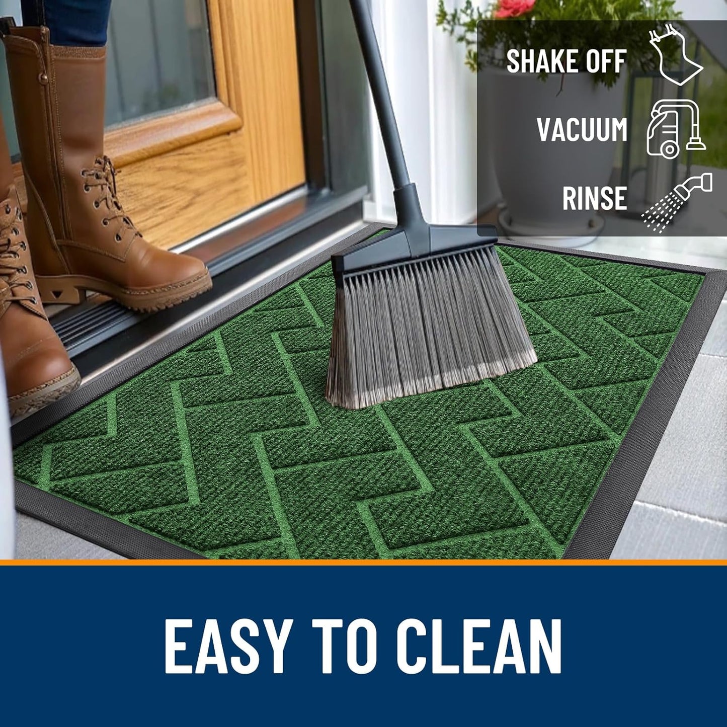 OLANLY Front Door Mat Indoor Outdoor Entrance, Waterproof All-Season, All-Weather Doormat, Sturdy Natural Rubber, Low Profile, Easy Clean Patio Porch Entryway Mat, Herringbone Brick (Green, 47x17)