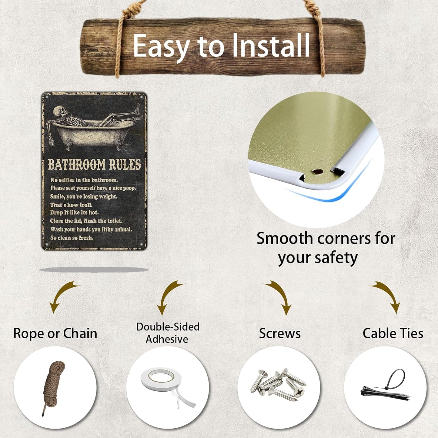 Funny Skull Bathroom Rules Metal Tin Sign Wall Decor - Vintage Bathroom Quote Tin Sign for Toilet Restroom Washroom Home Decor 12x8 Inch