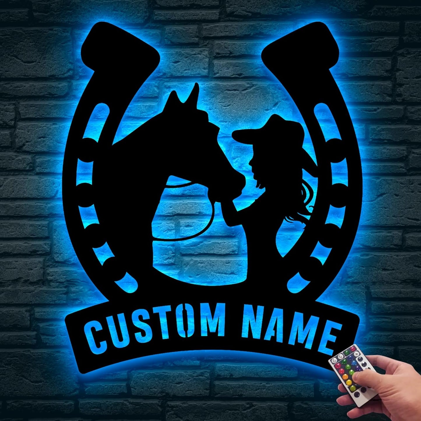 Custom Girl Kissing Horse Metal Wall Art With LED Light, Personalized Cowgirl Name Sign, Outside Wall Hanging, Home Decor, Birthday Gift, Christmas Gift