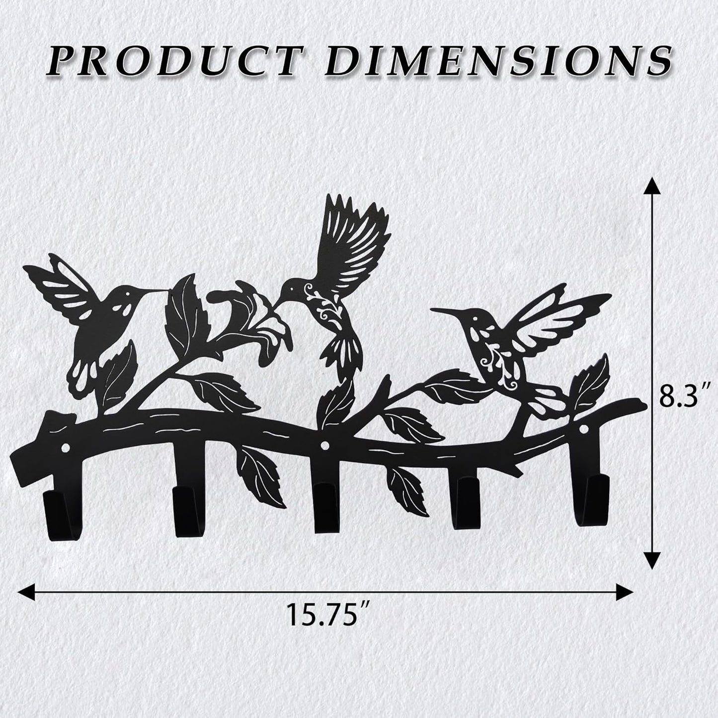 Metal Hummingbird Coat Hooks Wall Art Decor-Hummingbird Hangers and Key Holder-Animal Theme Hooks Sweet Home Decor for Storage, Living Room, Hallway, Office (Black)