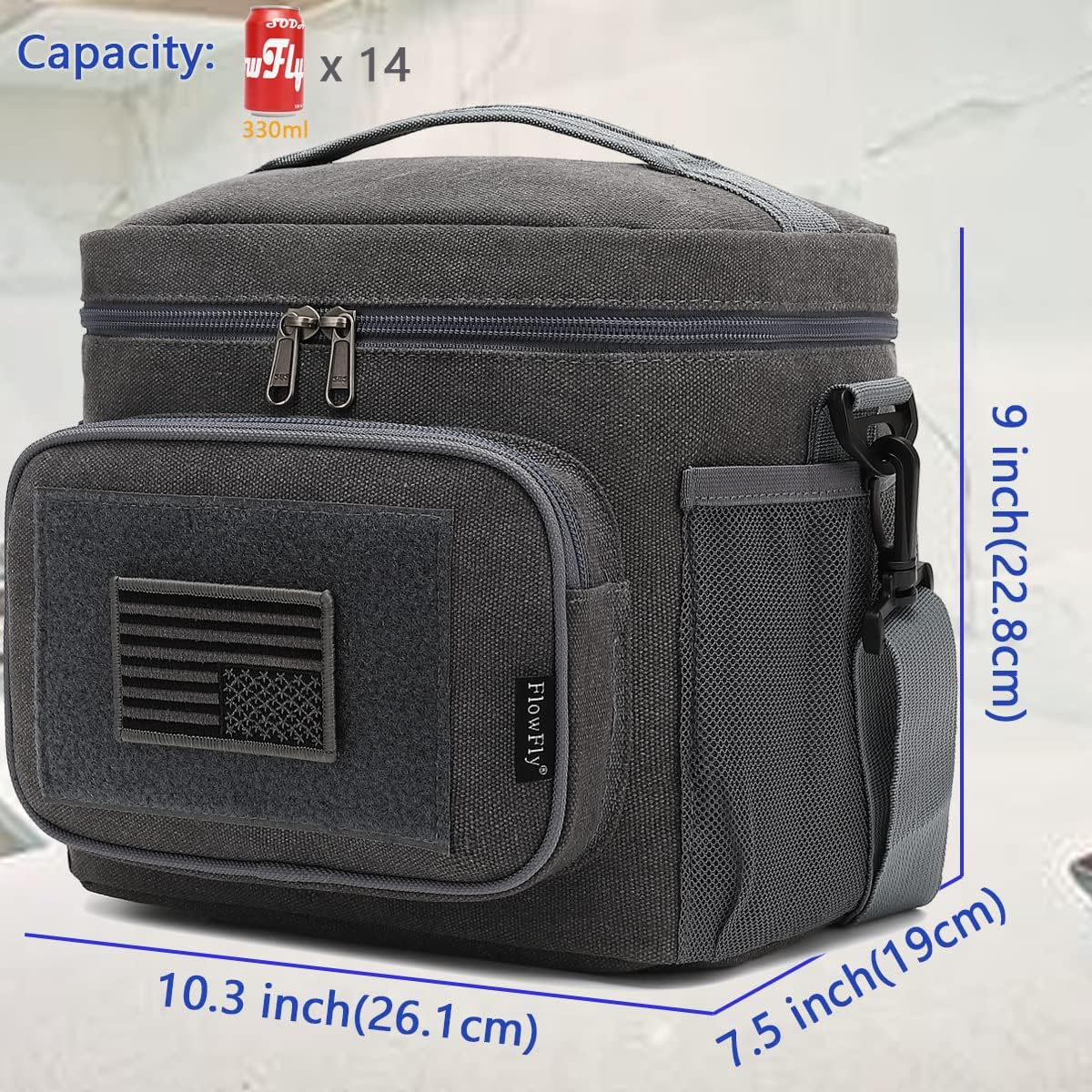 FlowFly Lunch Bag, Insulated Cooler, Thermal Lunch Box Tote with MOLLE/PALS Webbing, Adjustable Padded Shoulder Strap, for Tactical Men Women Adults and Boys Girls Kids (Navy, Medium)