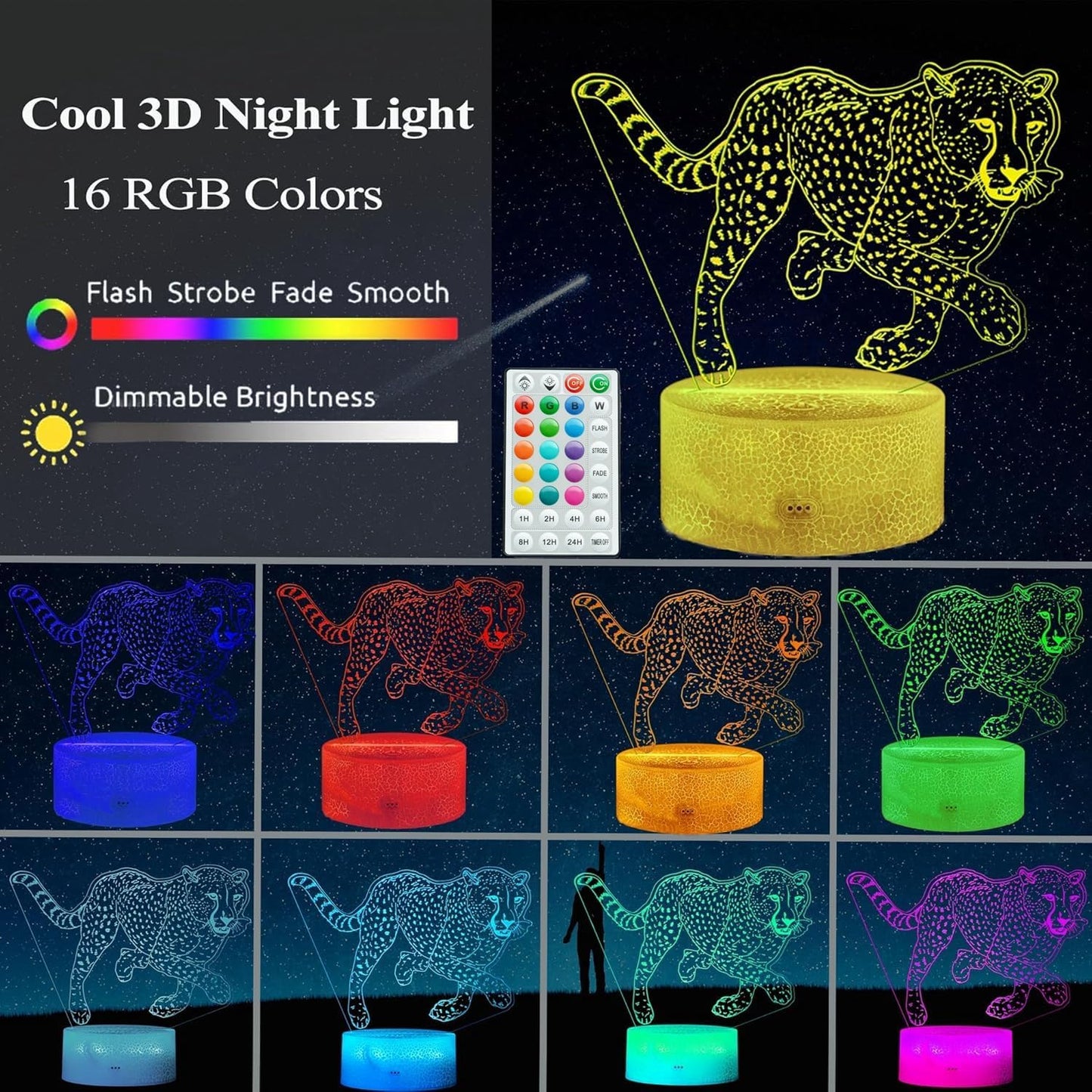 Cheetah Night Light, Cheetah Lamp, Cheetah Gifts 3D Illusion Lamp with 16 Colors Changing, Timer, 4 Flash Modes and Dimmable, Kids Boys Girls Room Decoration, Holiday Xmas Gifts