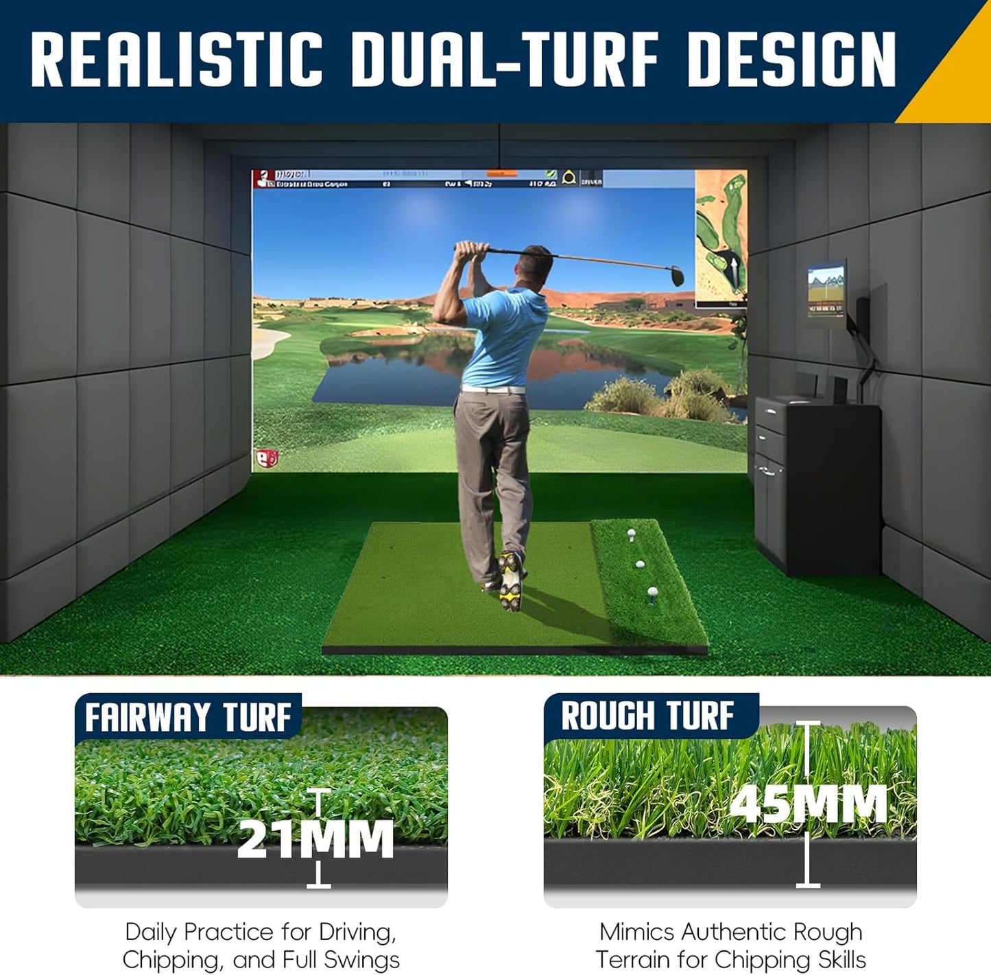 Premium Dual-Turf Golf Mat: 5x4ft/5x5ft Extra Thick Golf Hitting Mats Practice Outdoor Indoor, High-Density Artificial Hitting Training Matt for Garage Simulator Chipping Driving Swing, 36mm/31mm/21mm