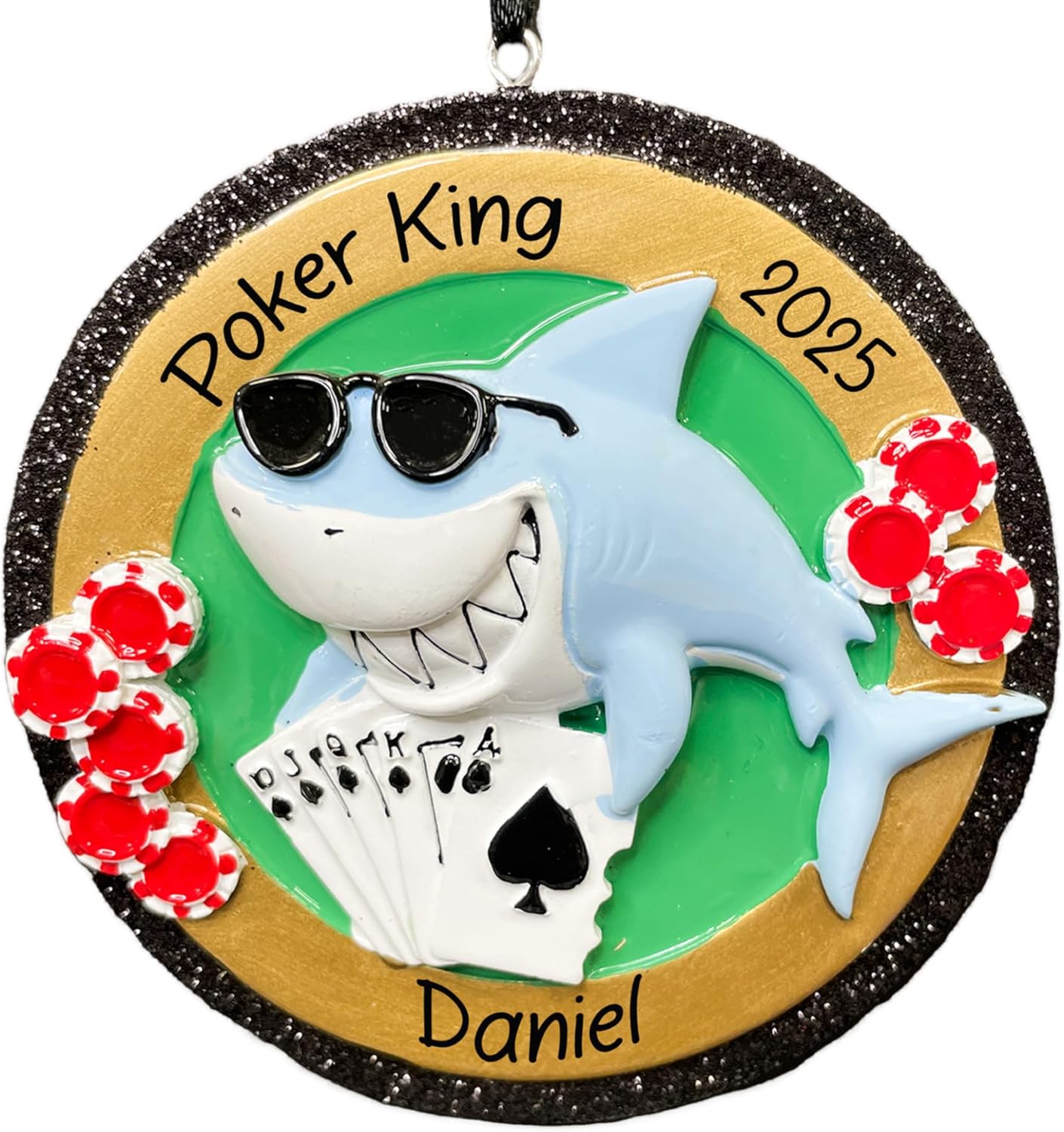 Personalized Poker Shark Christmas Ornament 2025 | Jaws Card Game Royal Flush Xmas Tree Decoration | Unique Las Vegas Casino Texas Hold Em Gambling Keepsake Gift - Custom Name & Year