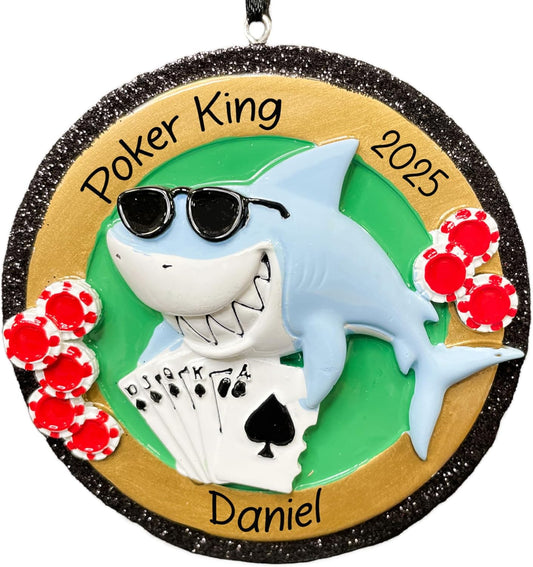 Personalized Poker Shark Christmas Ornament 2025 | Jaws Card Game Royal Flush Xmas Tree Decoration | Unique Las Vegas Casino Texas Hold Em Gambling Keepsake Gift - Custom Name & Year