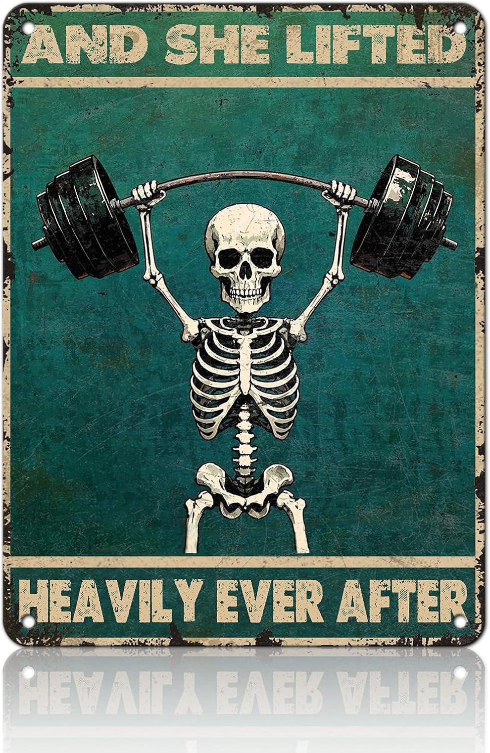 Skeleton Vintage And She Lifted Heavily Ever After Metal Tin Sign 12x16 Inch Gym Metal Poster Funny Skull Gym Tin Sign Home Kitchen Garden Bar Coffee Restaurant Bathroom Are Wall Decor