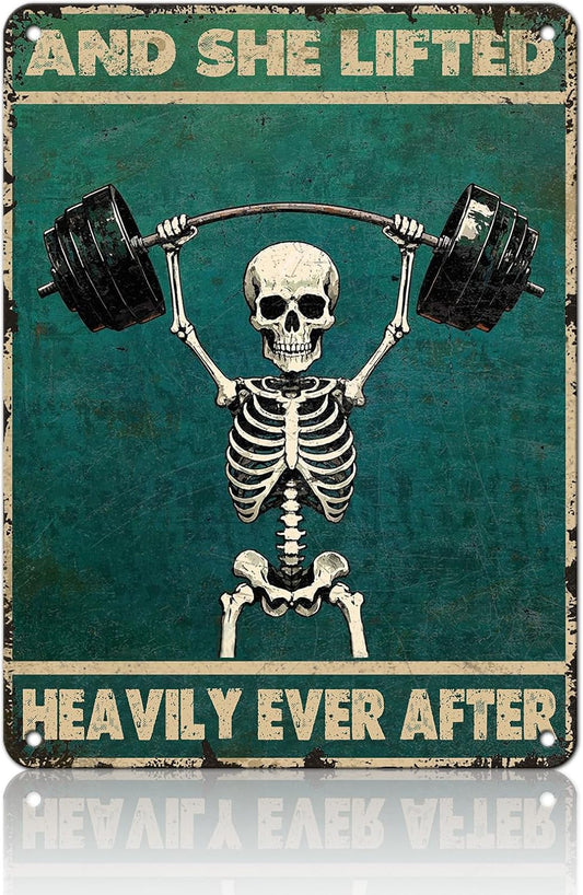Skeleton Vintage And She Lifted Heavily Ever After Metal Tin Sign 12x16 Inch Gym Metal Poster Funny Skull Gym Tin Sign Home Kitchen Garden Bar Coffee Restaurant Bathroom Are Wall Decor