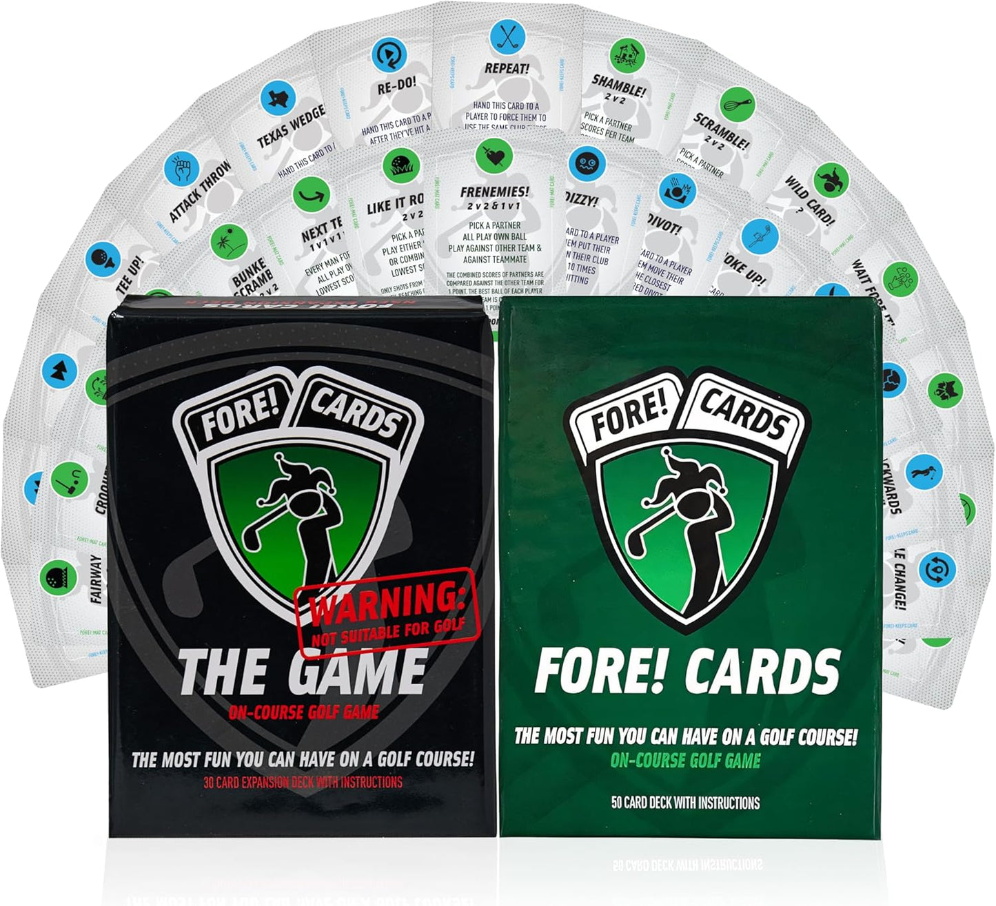 On-Course Golf Card Game & Expansion Pack Bundle – Fun Golf Games with Classic & Crazy Formats for Foursomes – Unique Golf Gift for Men, Women & Groups – 80 Fun Playing Cards Included