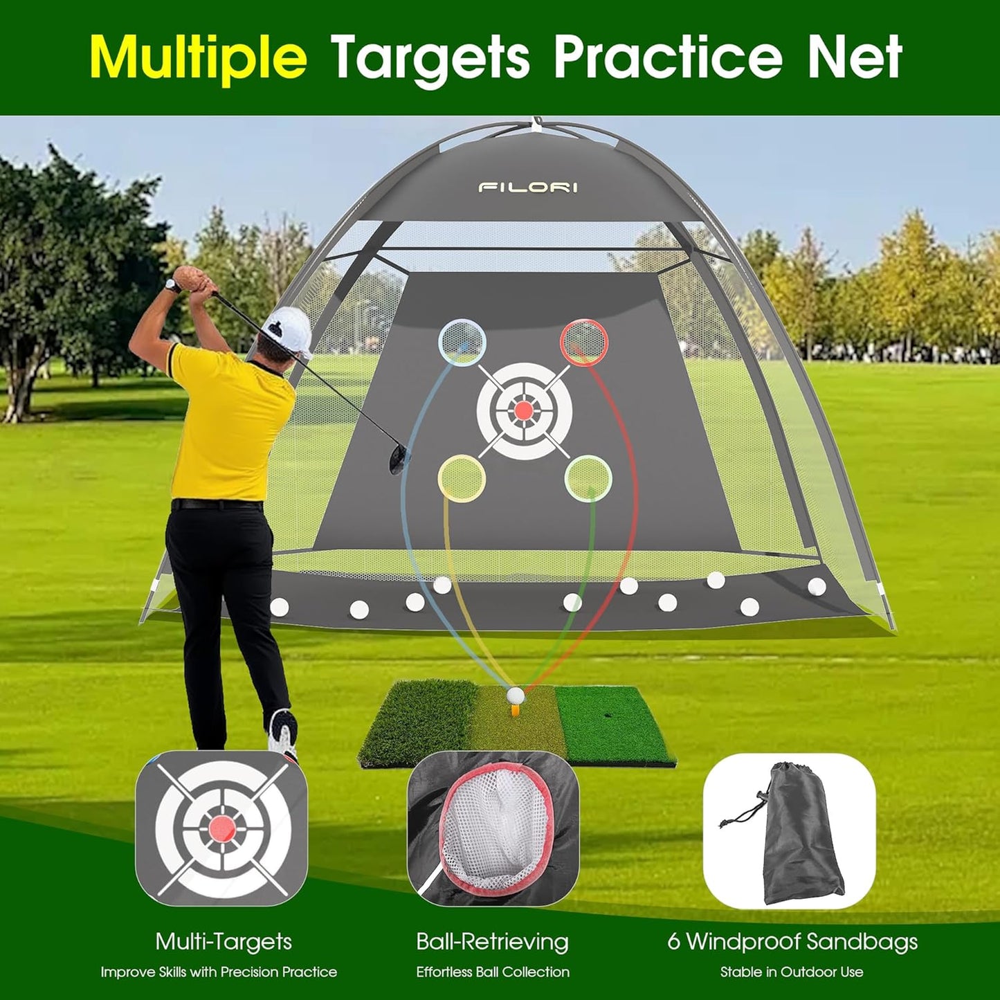 FILORI Golf Practice Net 10x7FT - Golf Hitting Net with Tri-Turf Mat, 8 Balls, Tee & Carry Bag, Indoor/Outdoor Backyard Training for Driving Chipping Swing, Ideal Gifts for Men Dad Husband Golfer