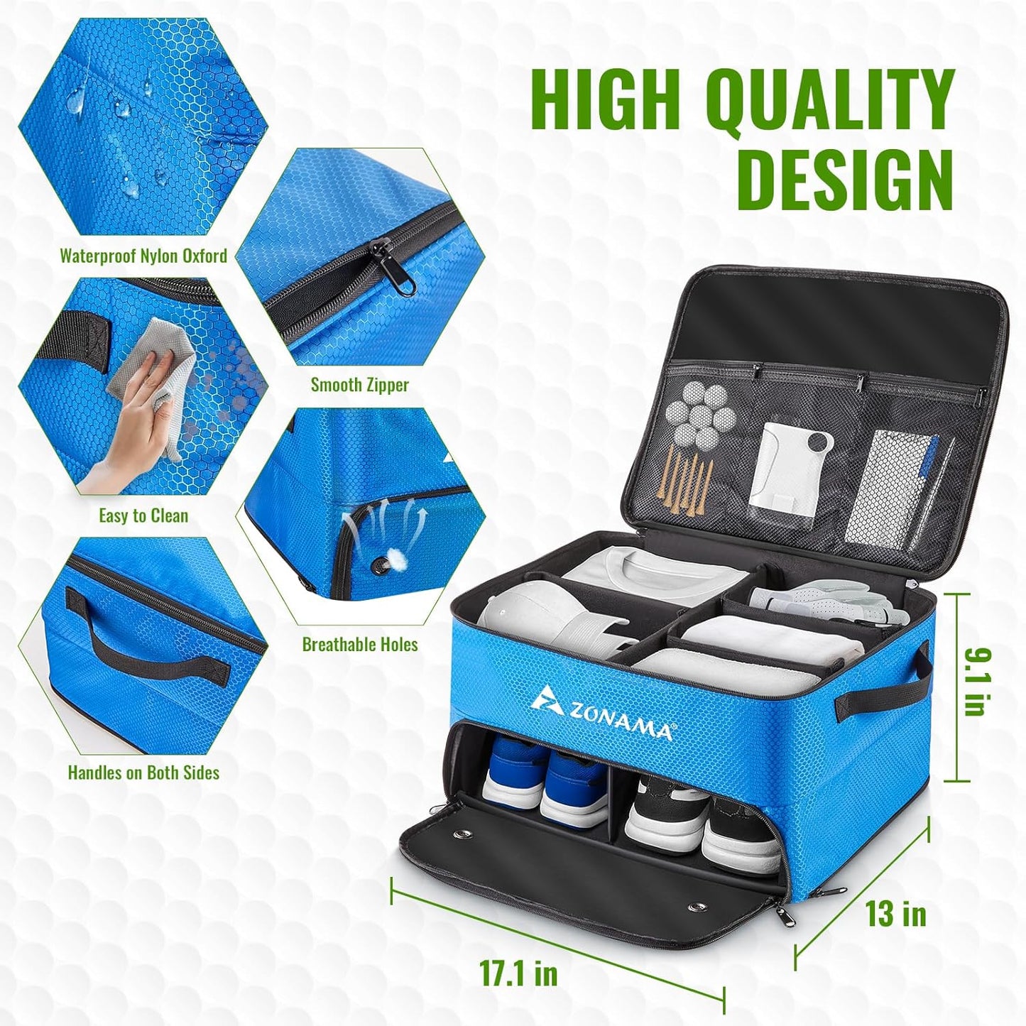 Golf Trunk Organizer, 3 Layers Large Space Car Trunk Locker, with Separate Compartment, Waterproof Golf Accessories Bag for 2 Pairs of Golf Shoes, Balls, Clothes, Golf Gift for Men Women