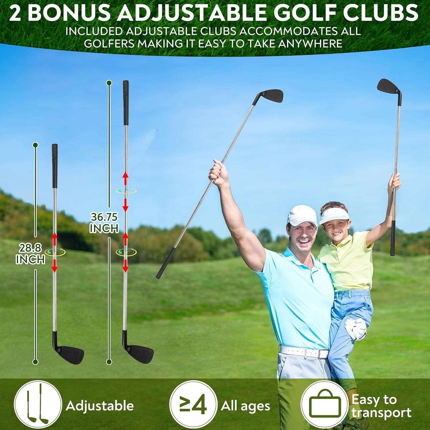 Sticky Golf Chipping Game Set - 6x6 ft Metal Frame with 2 Adjustable Clubs, 25 Sticky Balls, Turf Chipping Mat & Scoreboard - Backyard Golf Target Game for All Ages for Indoor/Outdoor Practice