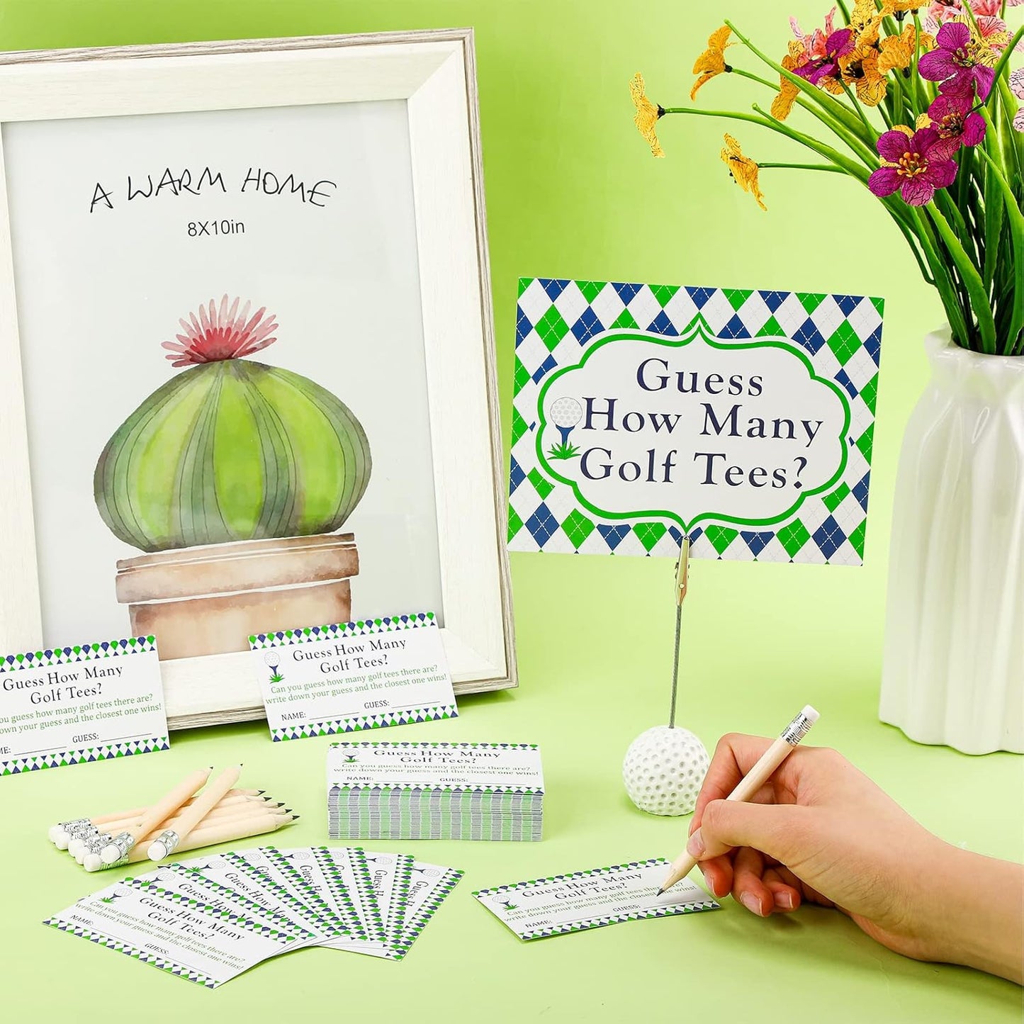 Fumete 101 Pcs Guess How Many Golf Tees Cards 1 Resin Golf Ball Base Memo Clip Holder 10 Pencils Funny Games for Golf Theme Party Supply Bridal Shower Birthday Baby Shower