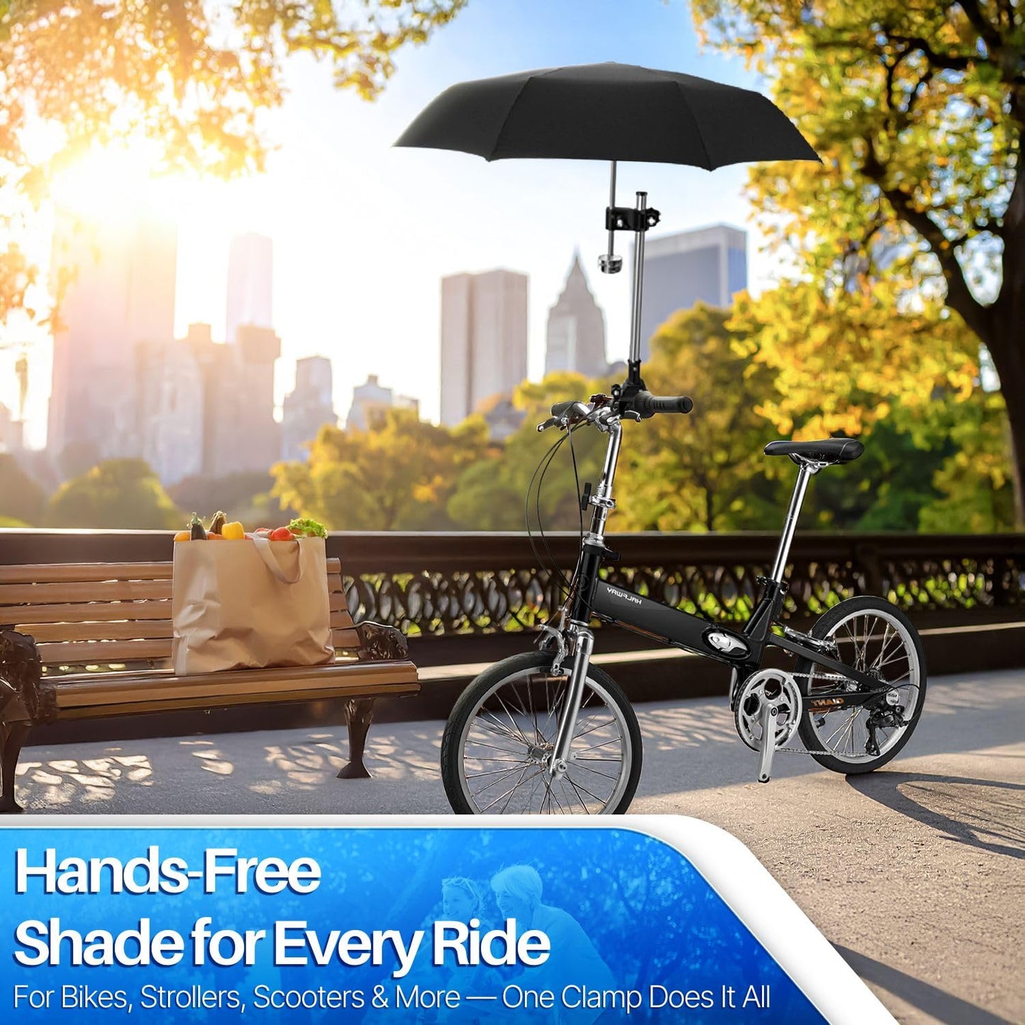 Flexzion Adjustable Bicycle Umbrella Clamp Holder – Universal Stroller Attachment, Wheelchair Umbrella Holder for Bike, Golf Cart, Beach Chair – Stainless Steel Quick Mount Frame