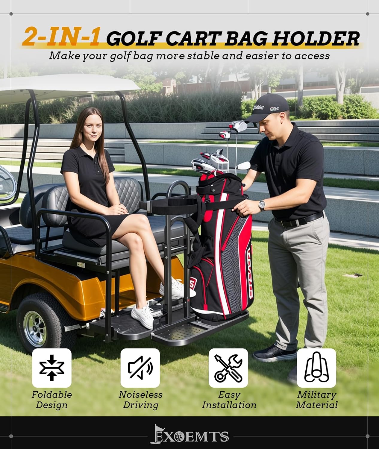 Universal Foldable Golf Cart Rear Seat Bag Holder, Upgraded Golf Cart Rear Seat Bag Rack Fits 8-Inch Max Width Safety Grip Bar, for EZGO Club Car Yamaha, Preinstalled, Space-Saving, No-Drill