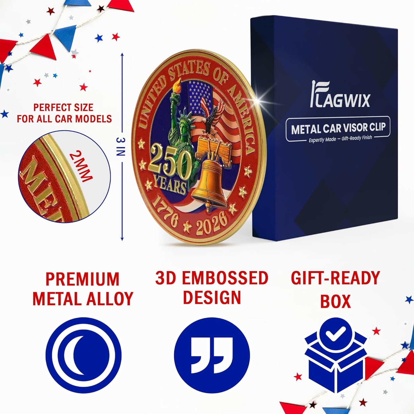 FLAGWIX America 250th Anniversary Car Visor Clip for Patriotic Christmas Decorations - 1776-2026 Metal Visor Clips for Cars 3in - United States 250 Anniversary Car Accessories, Veterans Day Gifts