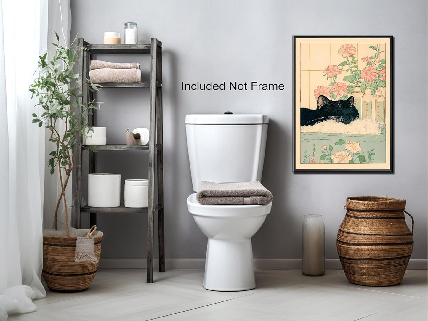 Vintage Black Cat in The Bathtub Posters Funny Bathroom Wall Art Cute Animal Lover Canvas Prints Japanese Aesthetic Neutral Minimalist Wall Decor for Restroom Toilet 12x16in Unframed