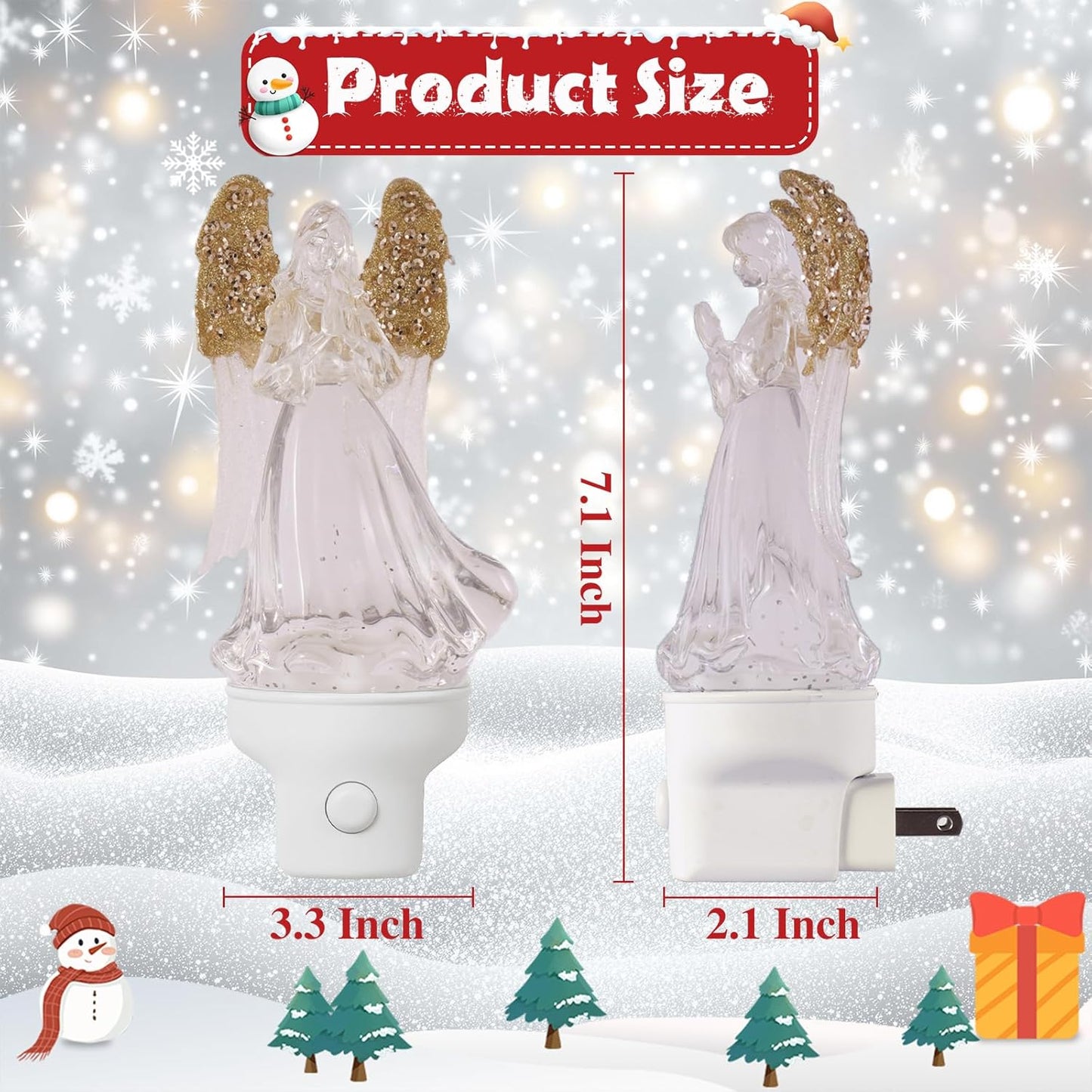 Christmas Angel Night Light Plug into Wall Glitter Water Nightlight with USB/Outlet Options, Christmas Decorative Nightlight for Bedroom Kitchen Nursery Holiday Decorations Gifts (Angel)