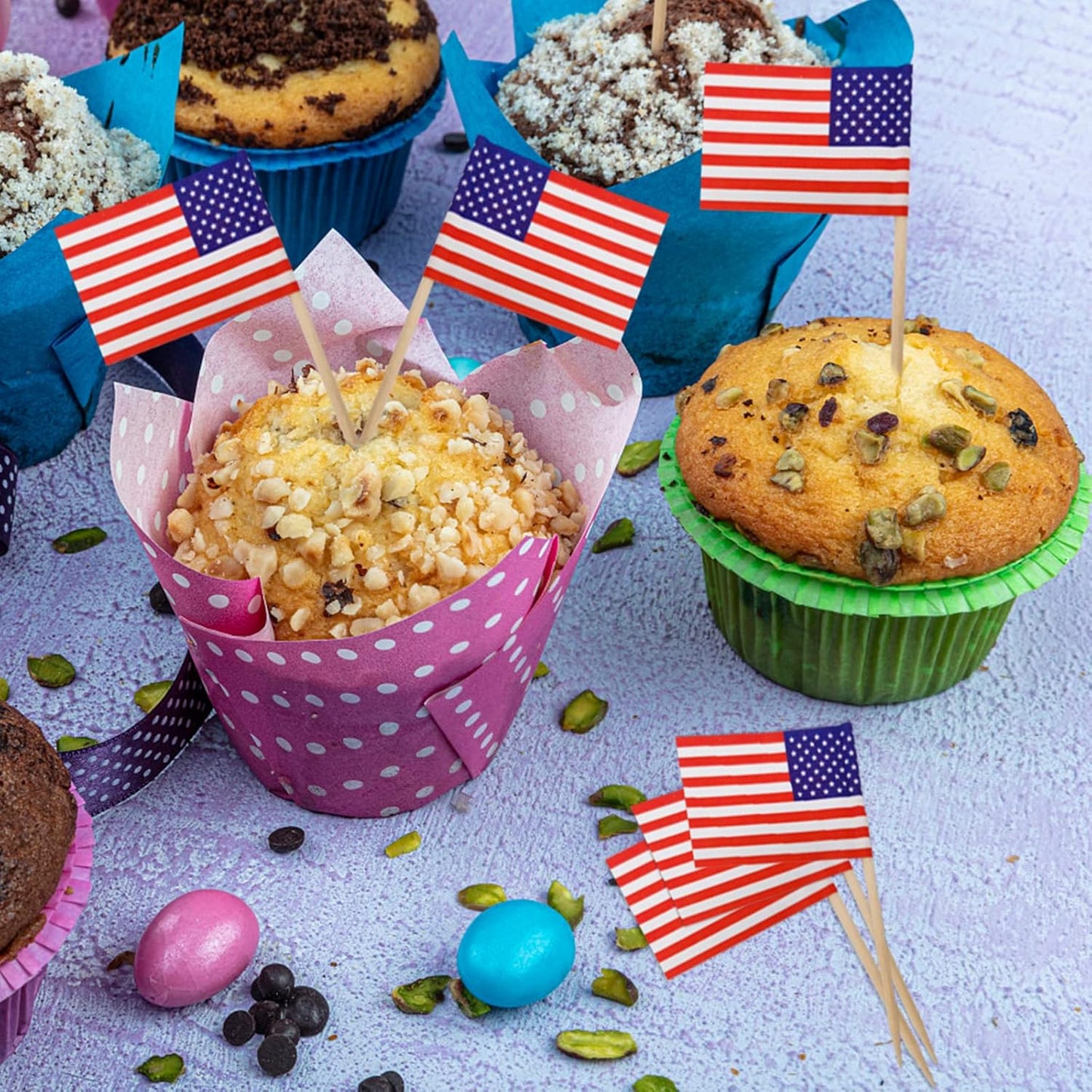 BLUE TOP 100 Pcs USA American Flag Toothpick Flags,Small Toothpick Mini Stick Cupcake Toppers Olympic Games Celebration Party Decoration Celebration Cocktail picks for Party Bar Sport events.