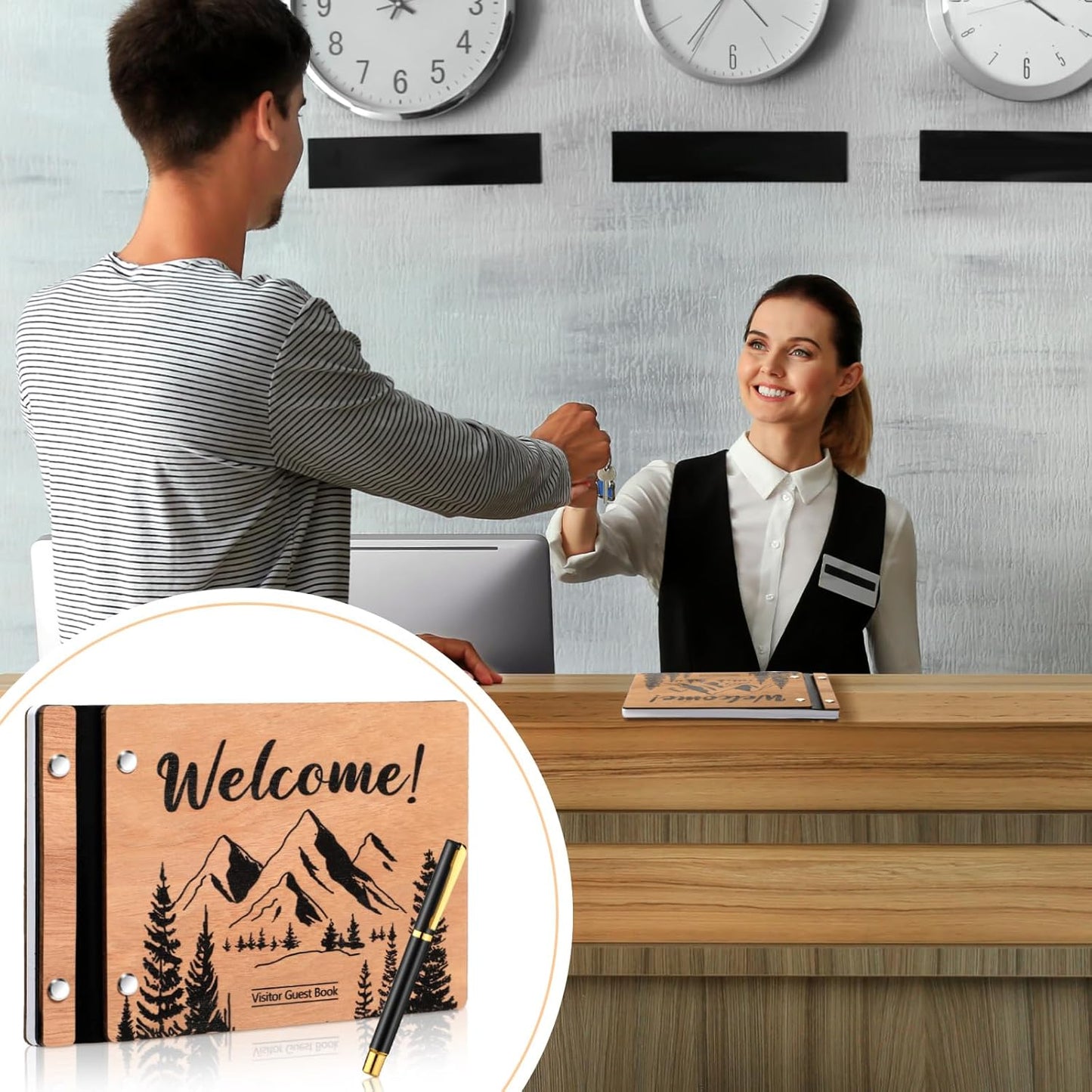 Skyygemm Visitor Wooden Guest Book with Pen 8 x 6 Inches 120 Pages Memory Scrapbook Rustic Signature Party Sign in Xmas Gift for Couple Guests Book