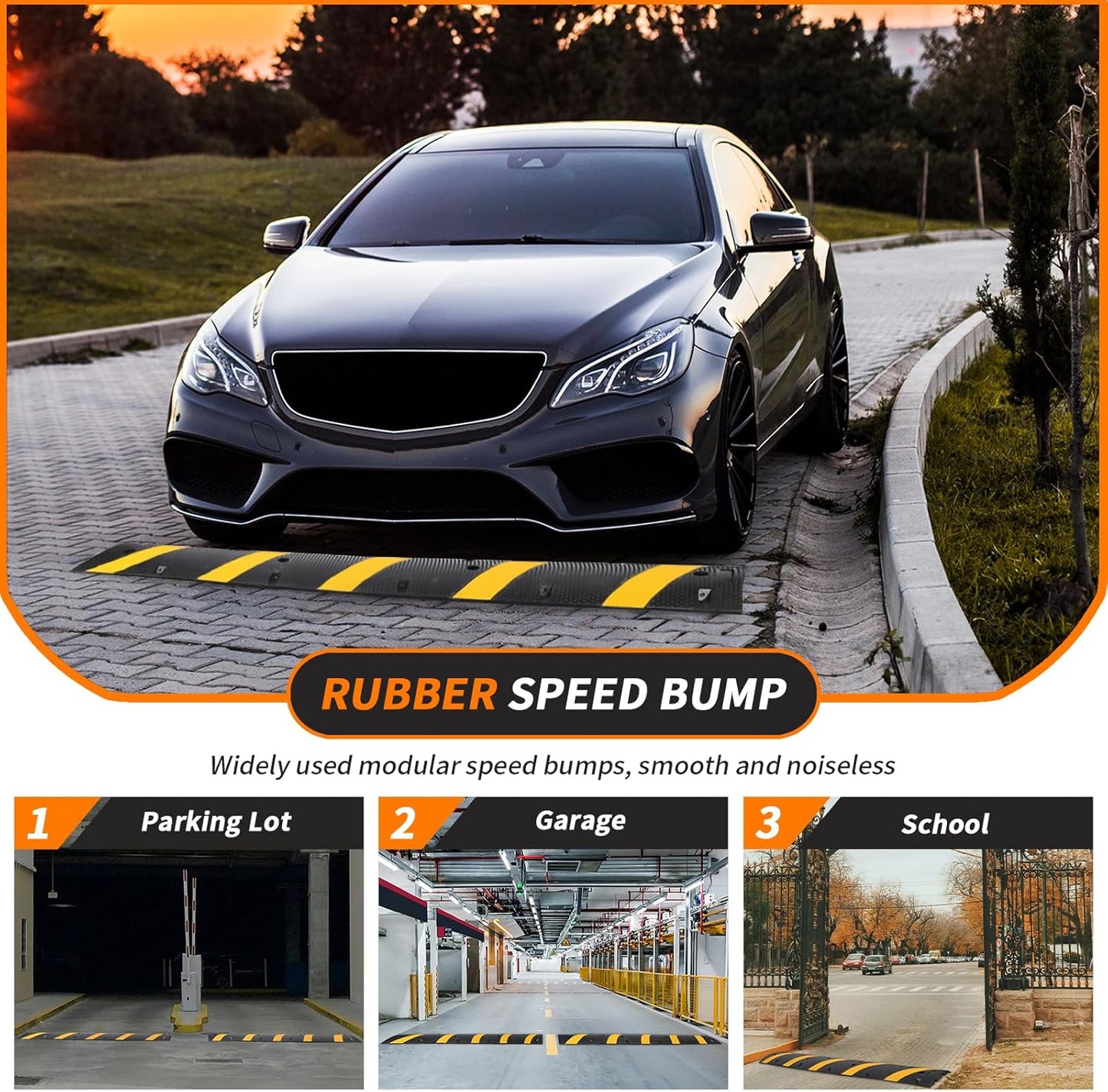 3.3 Ft Rubber Speed Bumps 2 Pack, Heavy Duty Speed Bumps for Driveway Rubber Gravel Road Asphalt Parking, Modular Driveway Speed Bumps Cable Protector Ramp with 6 Bolts Spikes