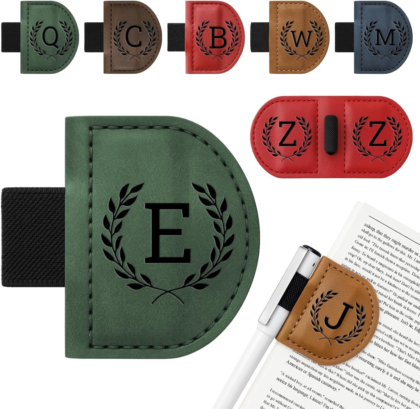 Personalized Bygone Mark Bookmark with Pen Holder,Engraving Leather Magnetic Bookmarks Vintage 26 Letters Name Initials Text Book Marker Clips Gifts for Reading Book Lovers Women (Green, E)