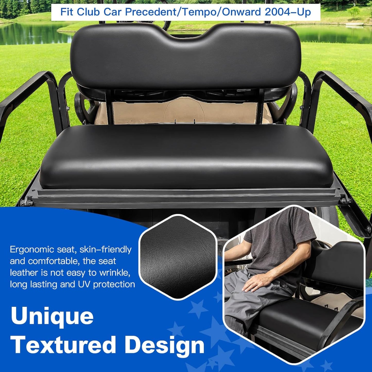 NOKINS Golf Cart Rear Seat Kit, Back Flip Seat for Club Car Precedent/Tempo/Onward 2004-Up, 1.25-Inch Square Steel Frame, Integrated Seat Belt Mounts, UV-Resistant, High-Density Foam Padding(Black)