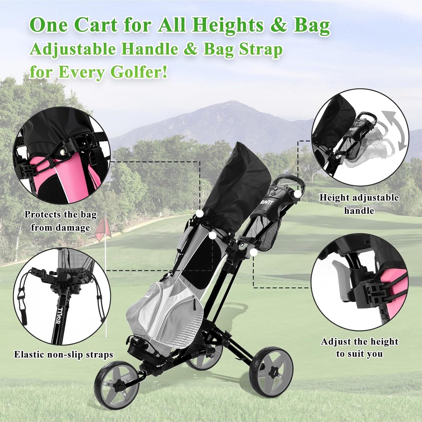 Tivor Lightweight Golf Push cart 3 Wheel,Foldable Golf Trolley for Adults and Junior with Ergonomic Adjustable Handle, Scorecard Holder, Umbrella Mount, Foot Brake, All-Terrain Wheels