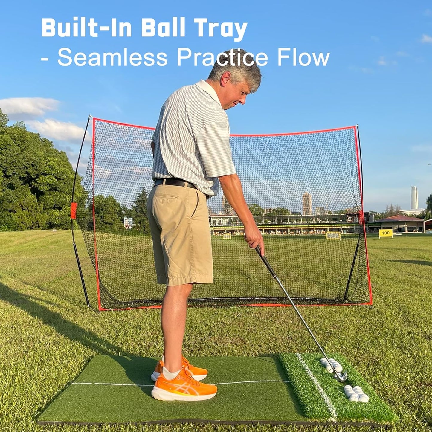 Dual-Turf 45/50MM Golf Hitting Mat, Built-in Ball Tray, Alignment Aid, Golf Mat Practice Outdoor & Indoor, Driving Chipping Putting in Backyard Garage Basement, Gift for Men Dad Golfer