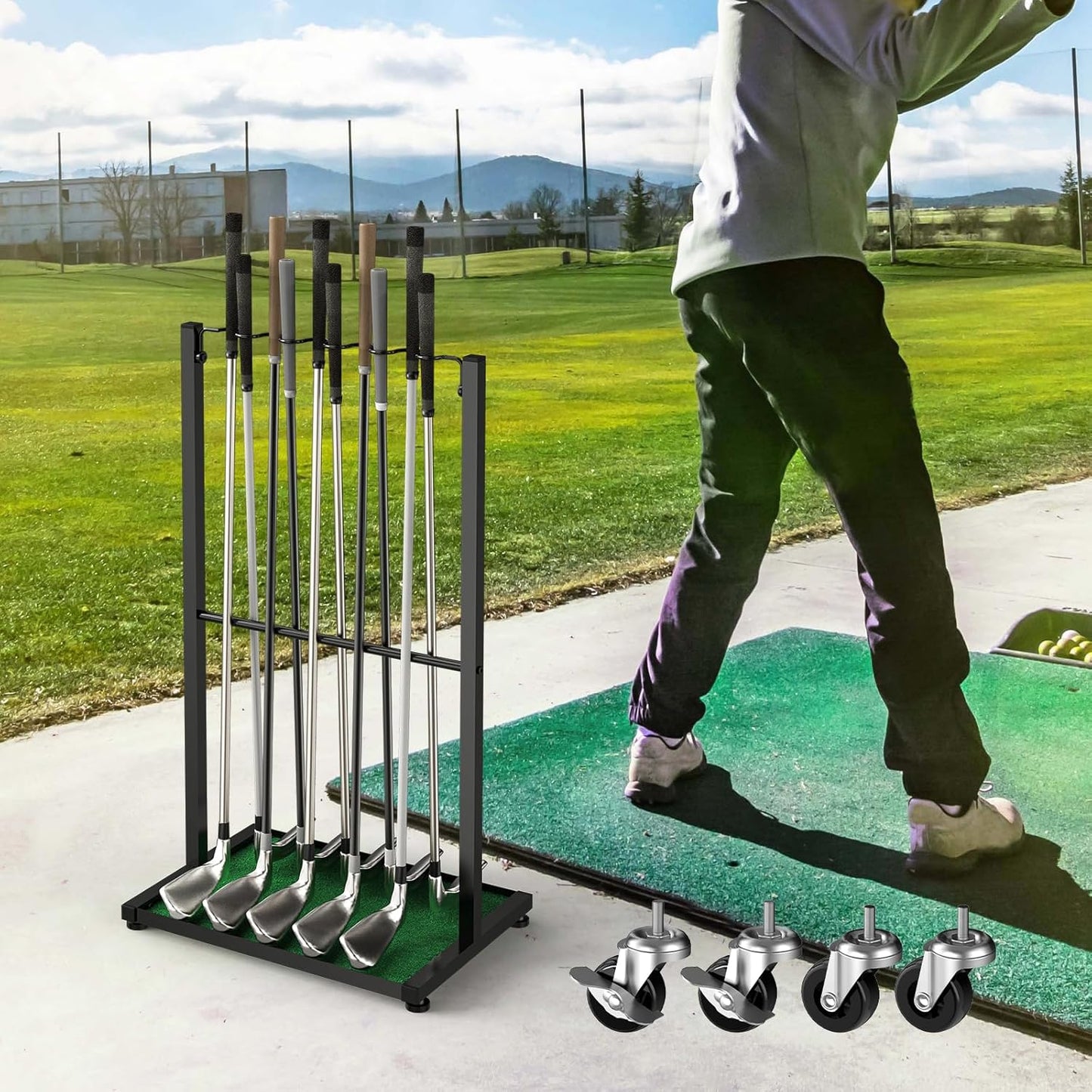 Golf Club Holder Floor Stand Golf Putter Stand with Wheels for 10 Clubs, Solid Metal Golf Club Organizer, Golf Club Storage Rack Cart for Garage Home Office, Indoor and Outdoor Use, Black