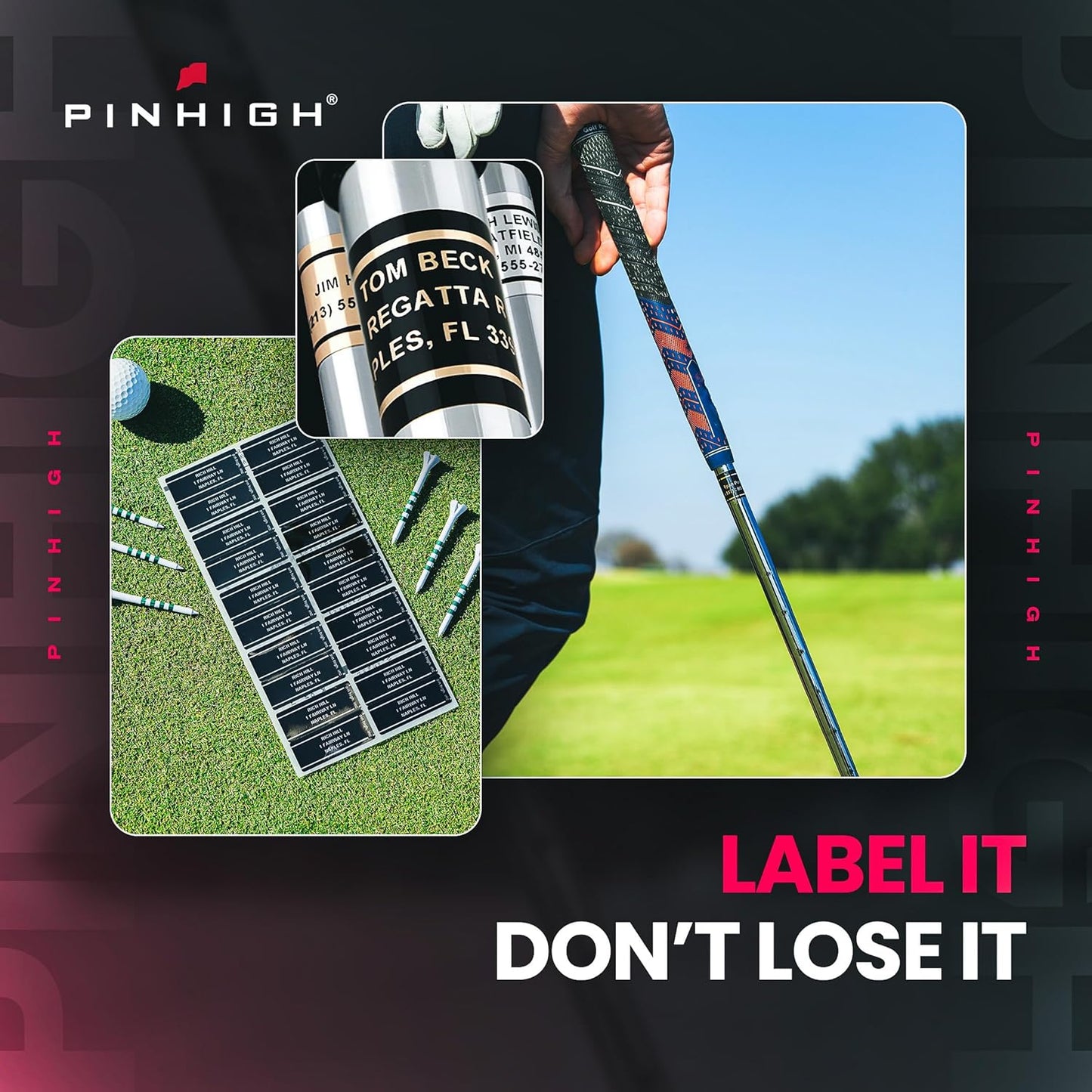 PIN HIGH 20 Personalized Golf Club ID Labels | Weatherproof, Fade Resistant, Laminated Thermal Transfer Labels, Made in The USA, (Free Customization & Shipping), Black