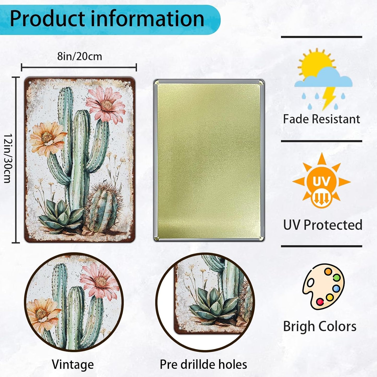 Bouquet Square Vintage Tin Sign Cactus Wall Art Cacti Art Wall Sign Decor for Home Kitchen Garage Outdoor Yard Farmhouse 8x12 Inch