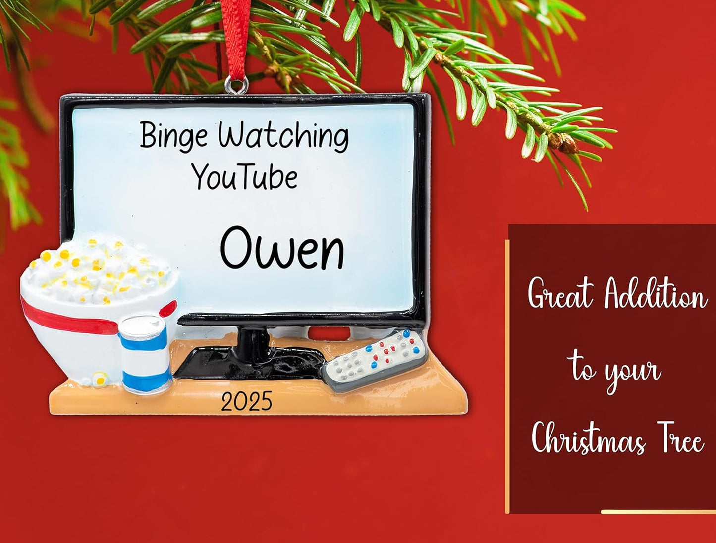 Personalized Television Christmas Ornament 2025 | Big TV Screen with Popcorn & Beer for Xmas Tree - Binge Watcher TV Junkie Movie Night Lover Gift | Unique Keepsake - Custom Name & Year